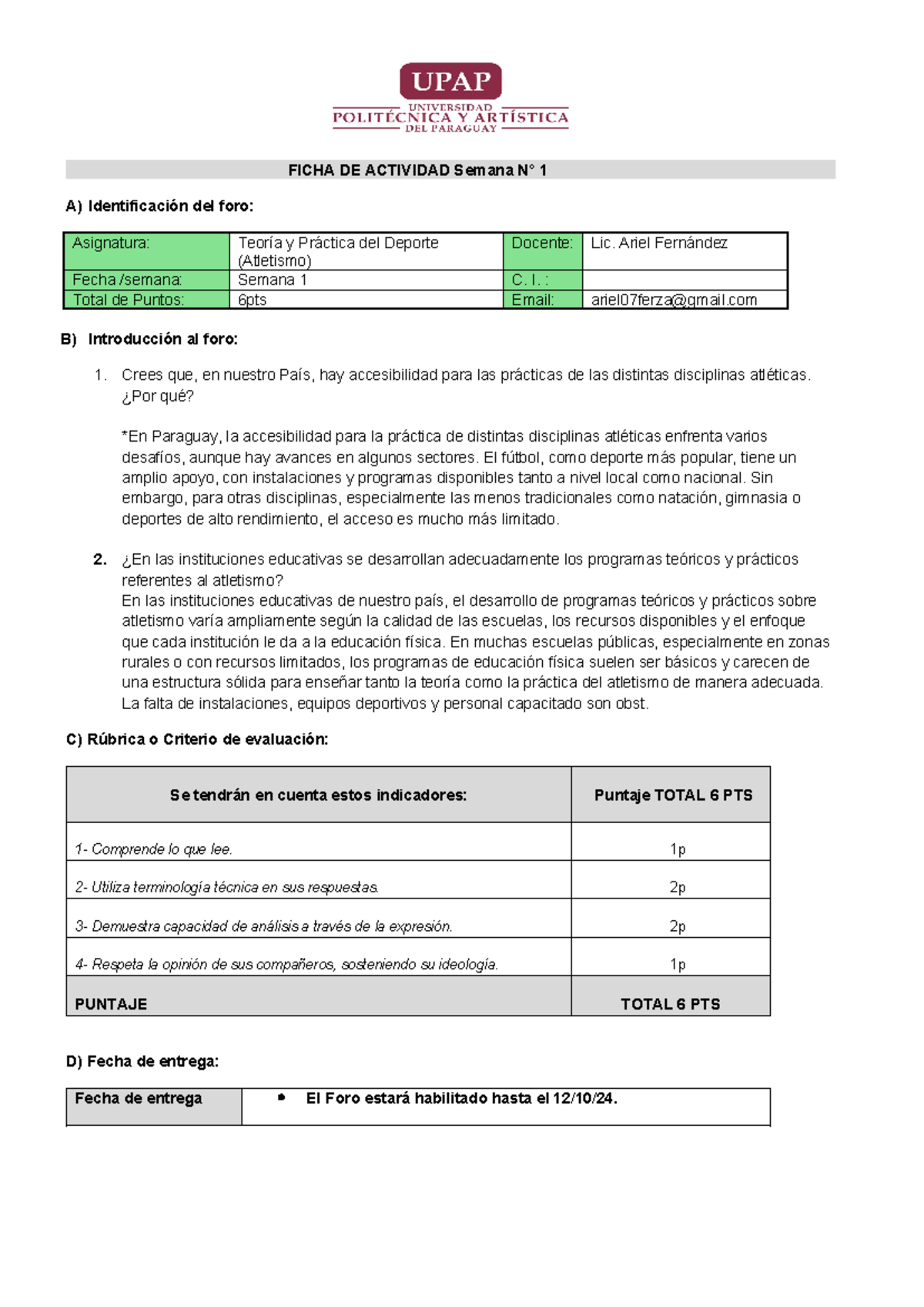 Ficha de Actividades Teoria y Practica del Deporte Atletismo Semana 1 ...