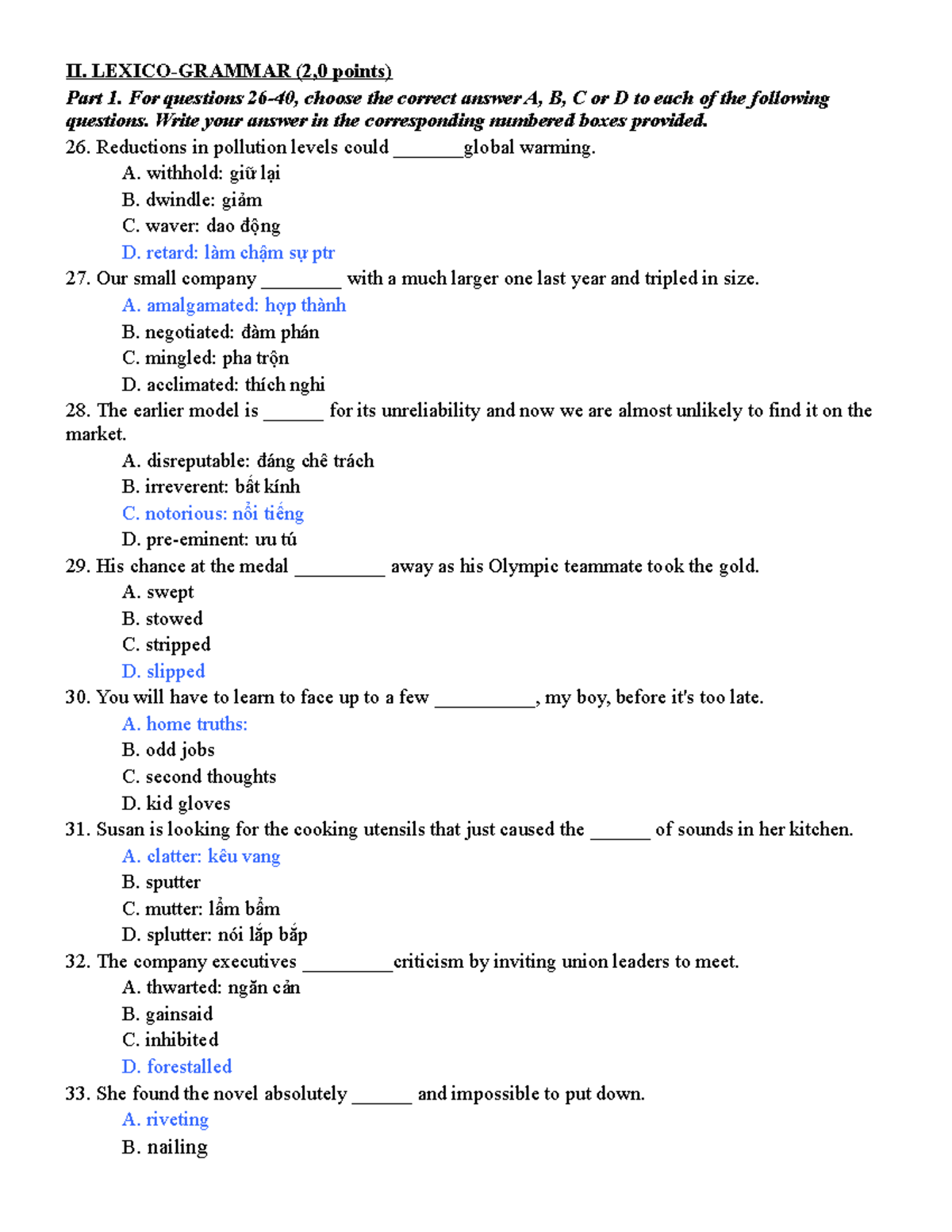 2021 Lexico- Grammar HS - II. LEXICO-GRAMMAR (2,0 points) Part 1. For ...