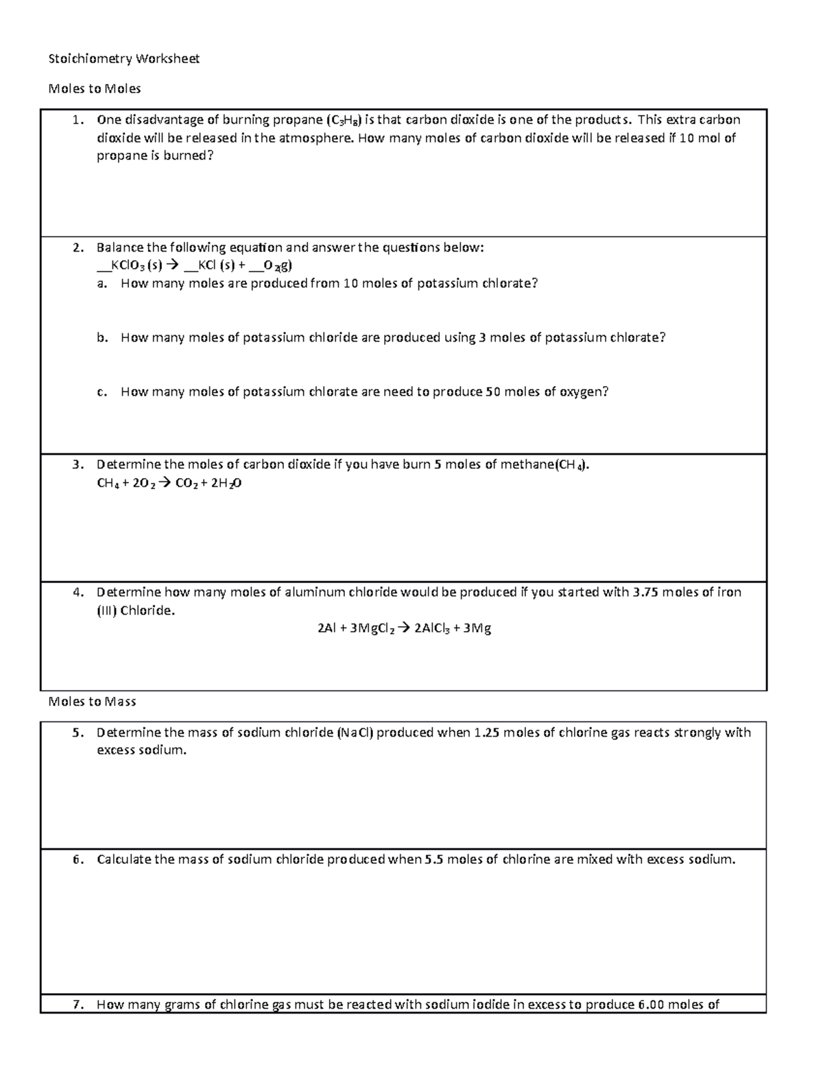 Stoichiometry+Worksheet - Stoichiometry Worksheet Moles to Moles One ...