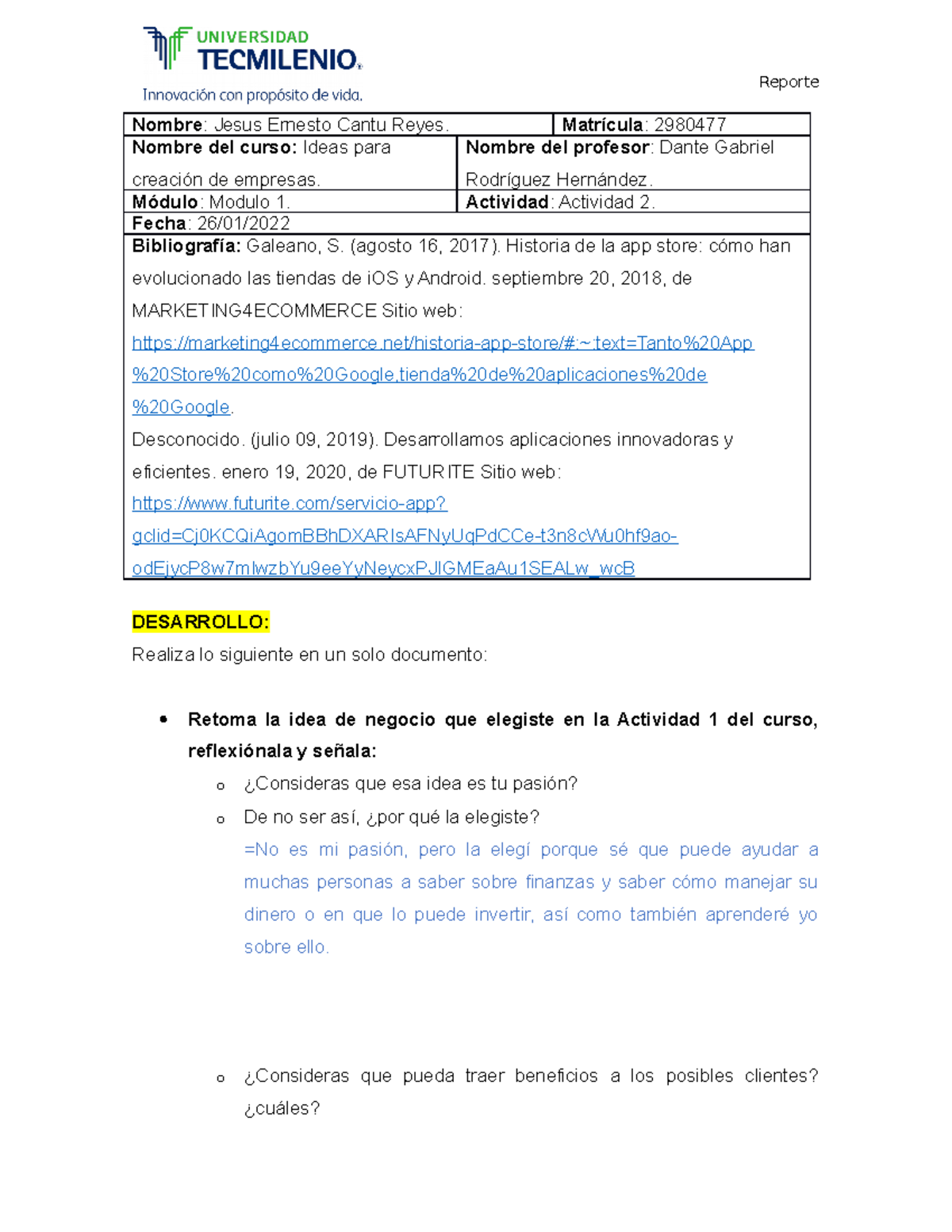 Actividad 2 (Ideas para creacion de empresas) - Nombre: Jesus Ernesto ...
