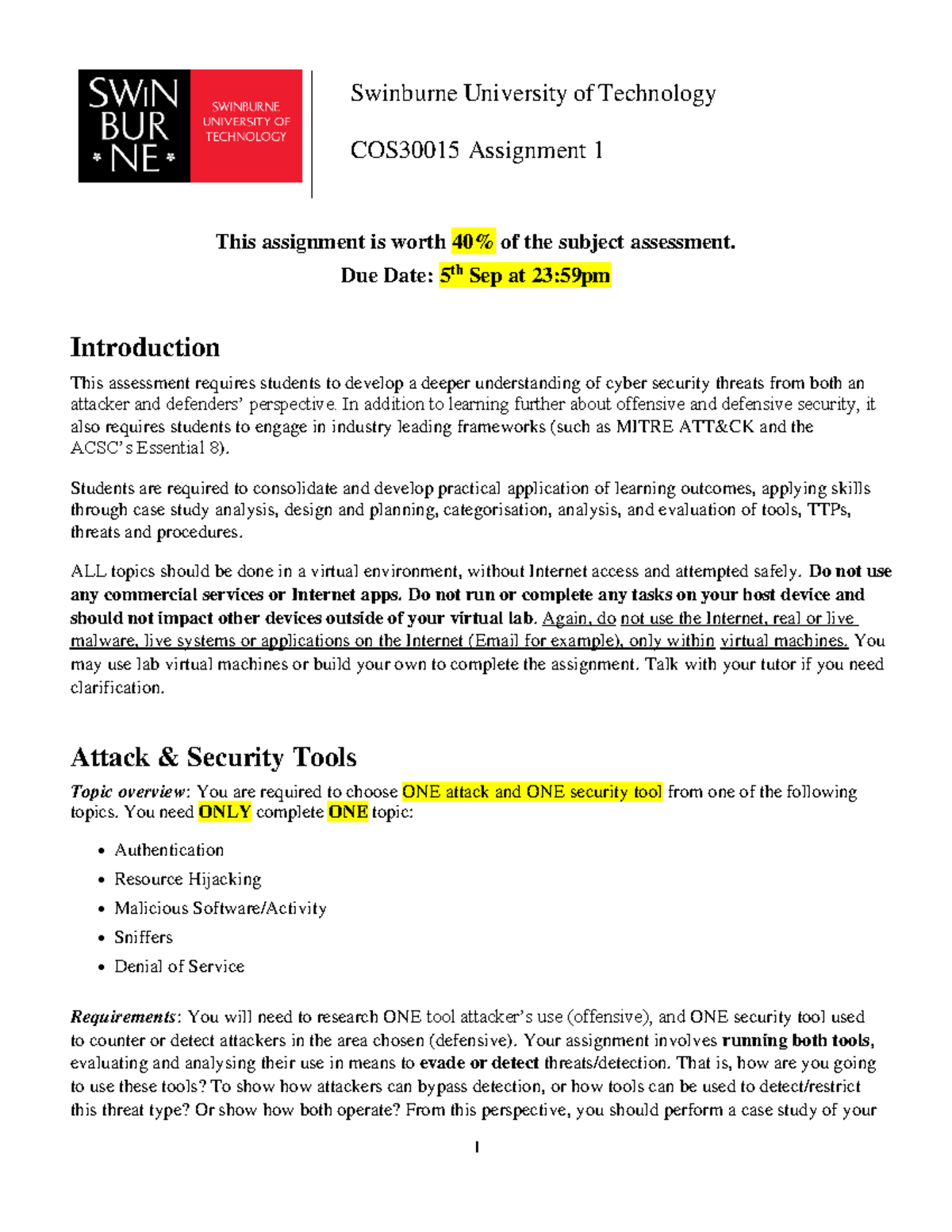 COS30015-Assignment 1 - 2024-1 - Swinburne University of Technology COS ...