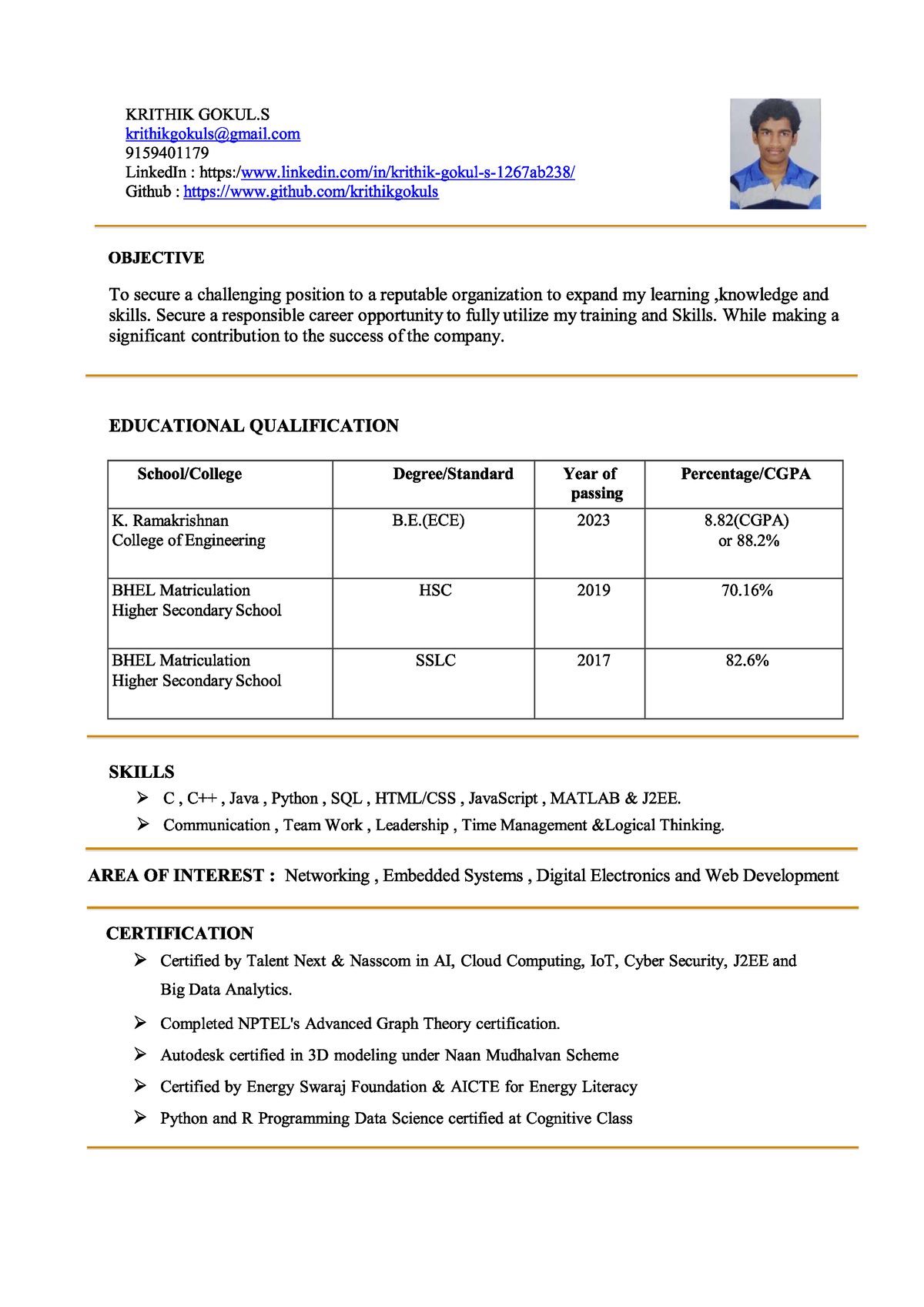 Krithik Gokul S Resume - sample - WIRR002 - Studocu