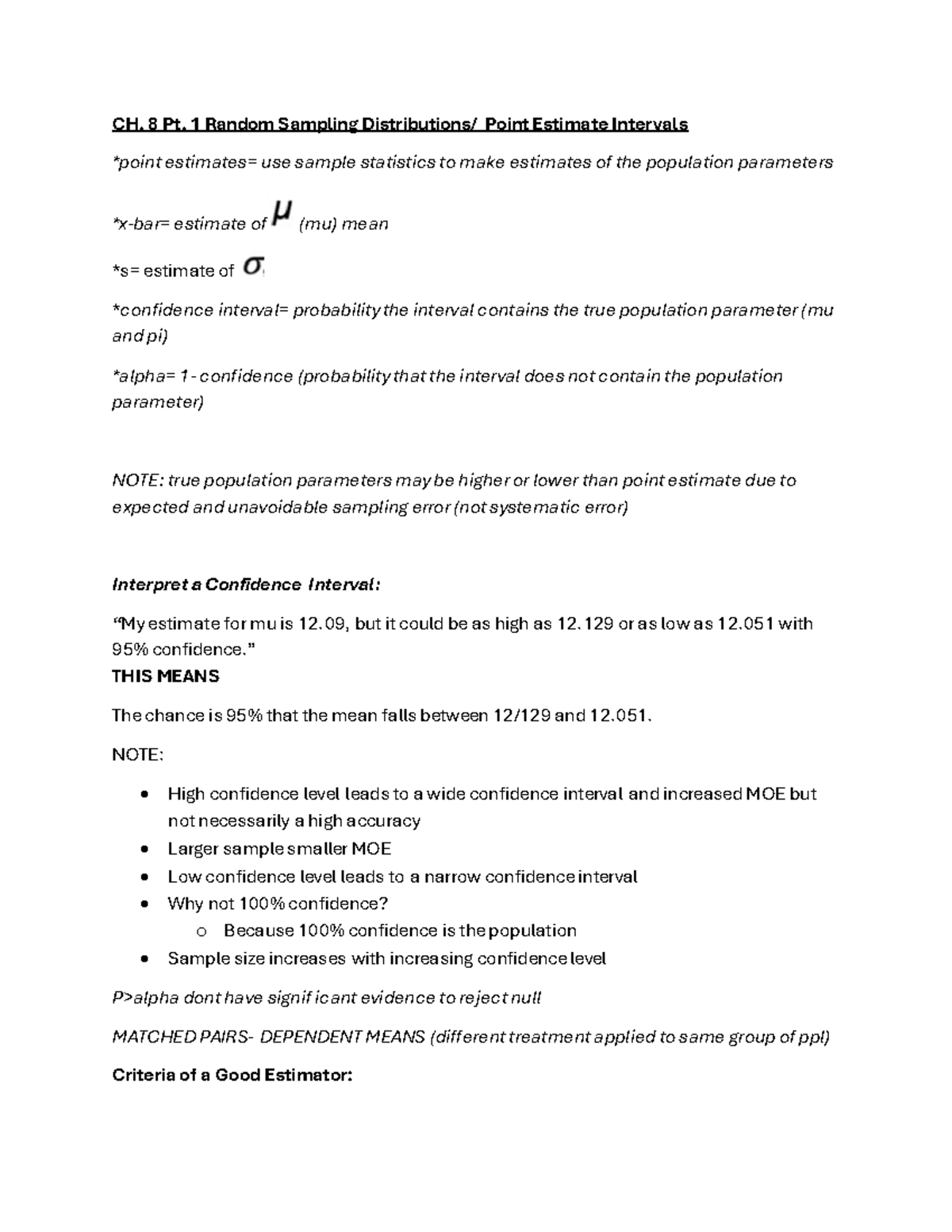 Final Exam Notes - CH. 8 Pt. 1 Random Sampling Distributions/ Point ...