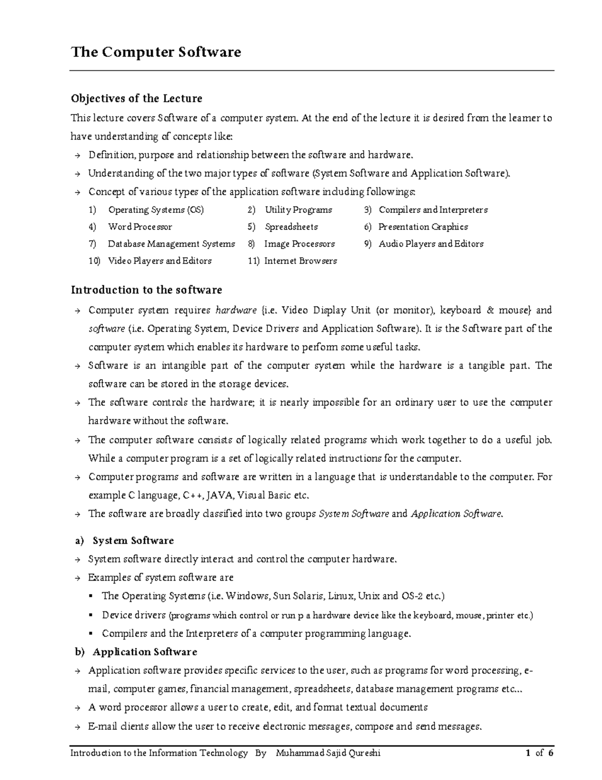 02 Computer Software - Lecture Notes - The Computer Software Objectives 