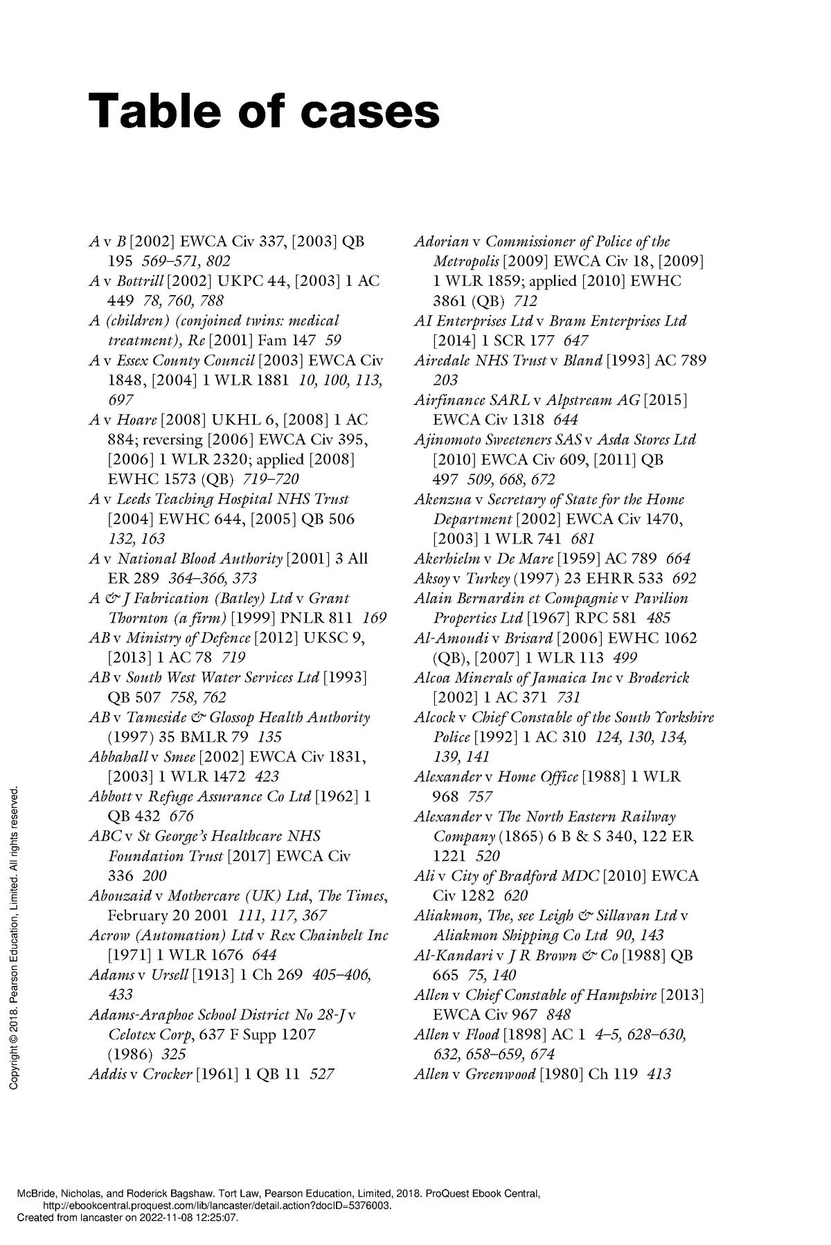 Tort Law - (Table Of Cases) - Table Of Cases A V B [2002] EWCA Civ 337 ...