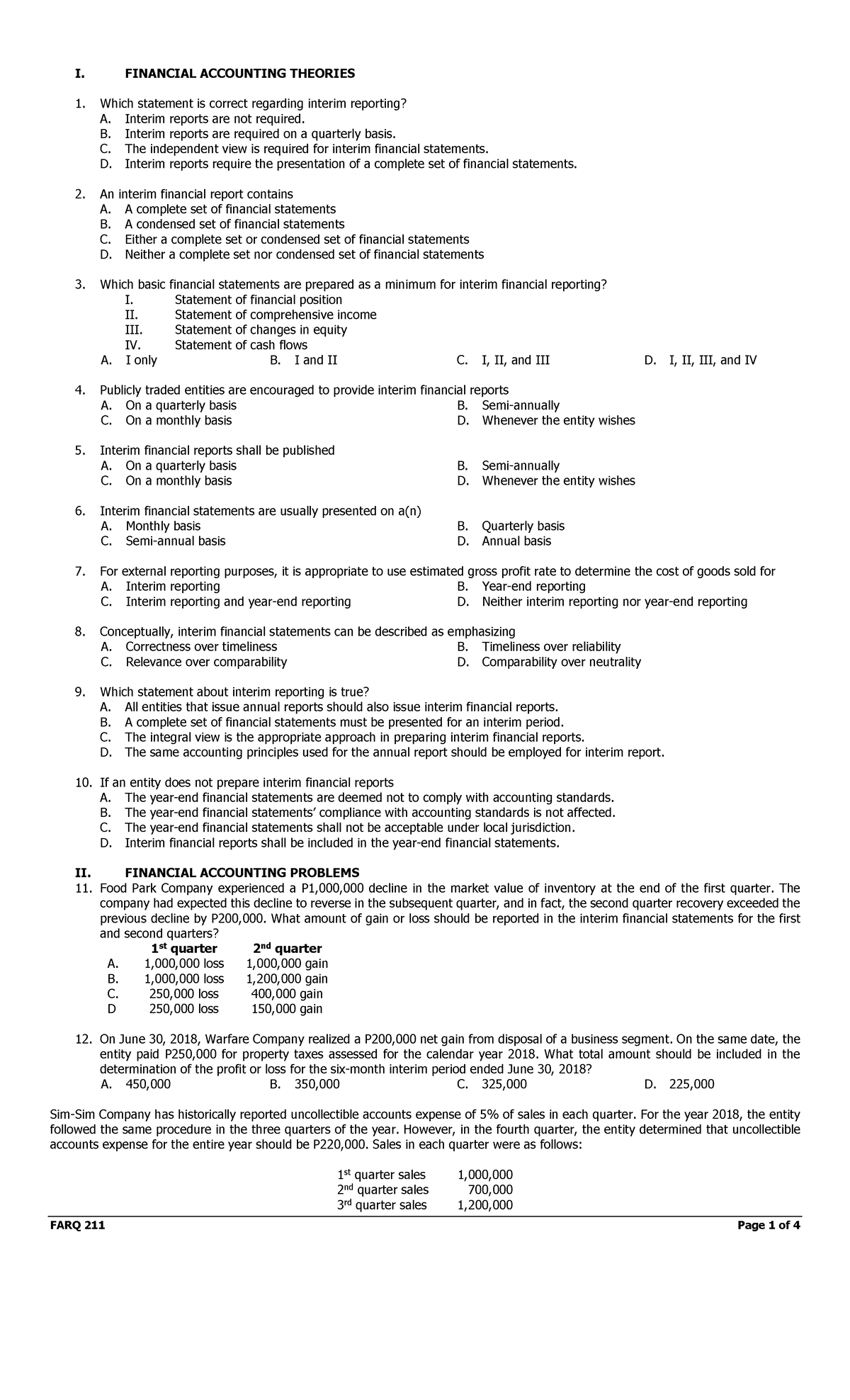 IA3 Interim Reporting Finals Quiz 2 Questions - I. FINANCIAL ACCOUNTING ...