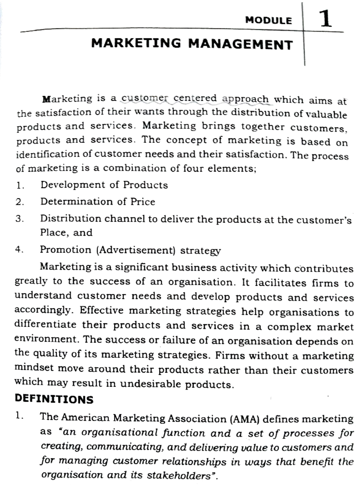 Marketing Management - In Lecture Notes - MODULE 1 ####### MARKETING ...