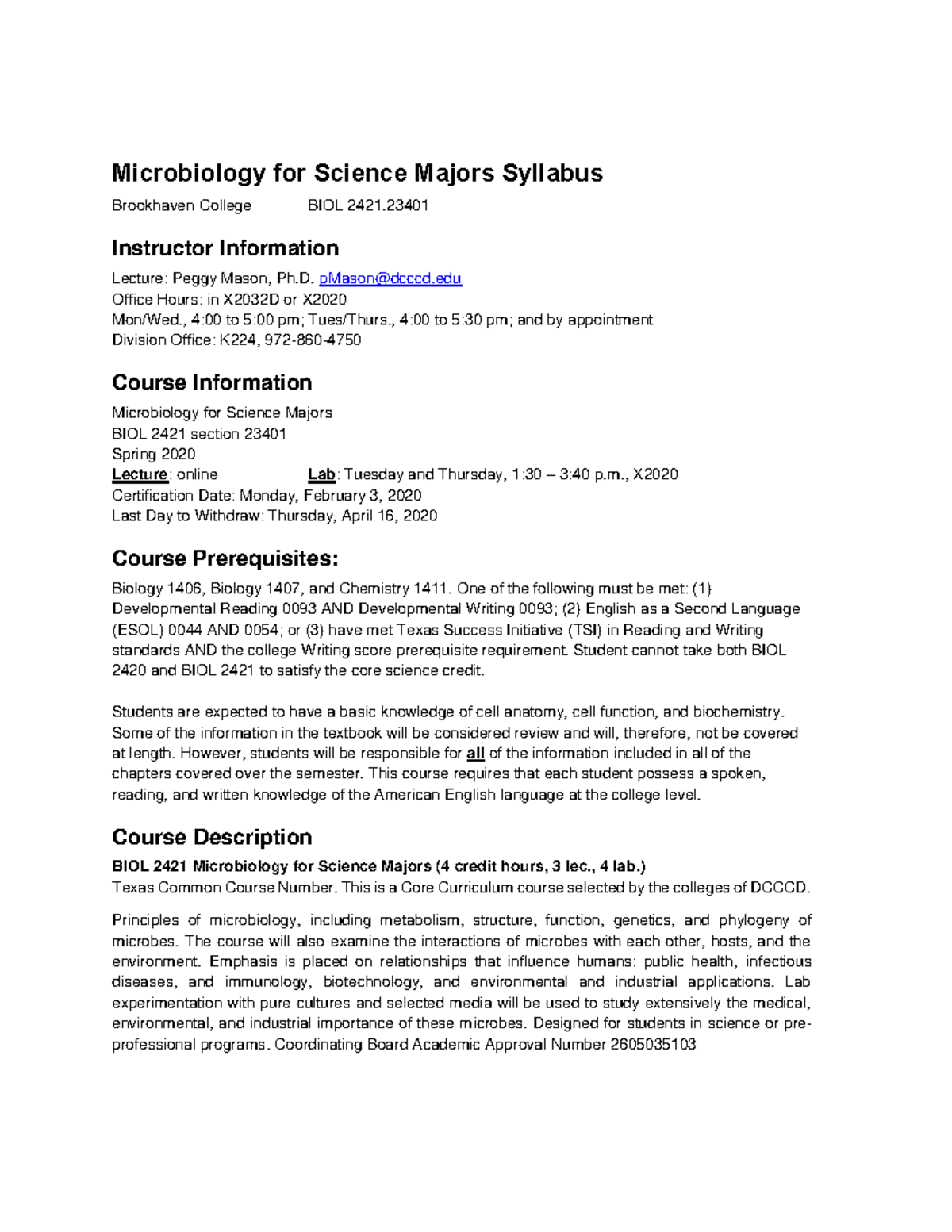 Syllabus- BIOL-2421-23401 - Microbiology For Science Majors Syllabus ...