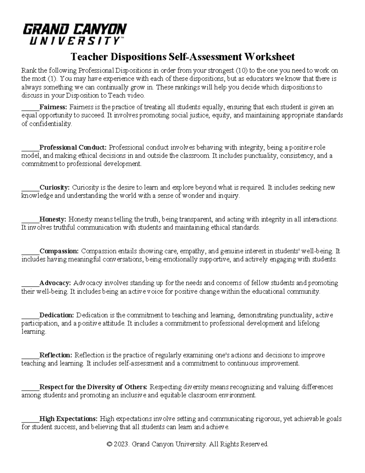 UNV 108 T6 Teacher Dispositions Self Assesment Worksheet - Teacher ...