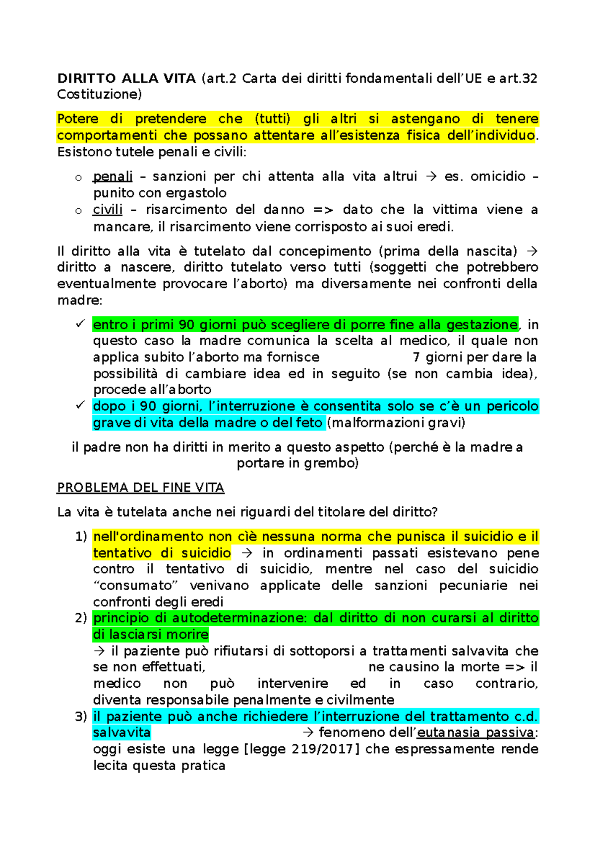 8) Diritto Privato diritti della persona DIRITTO ALLA VITA (art