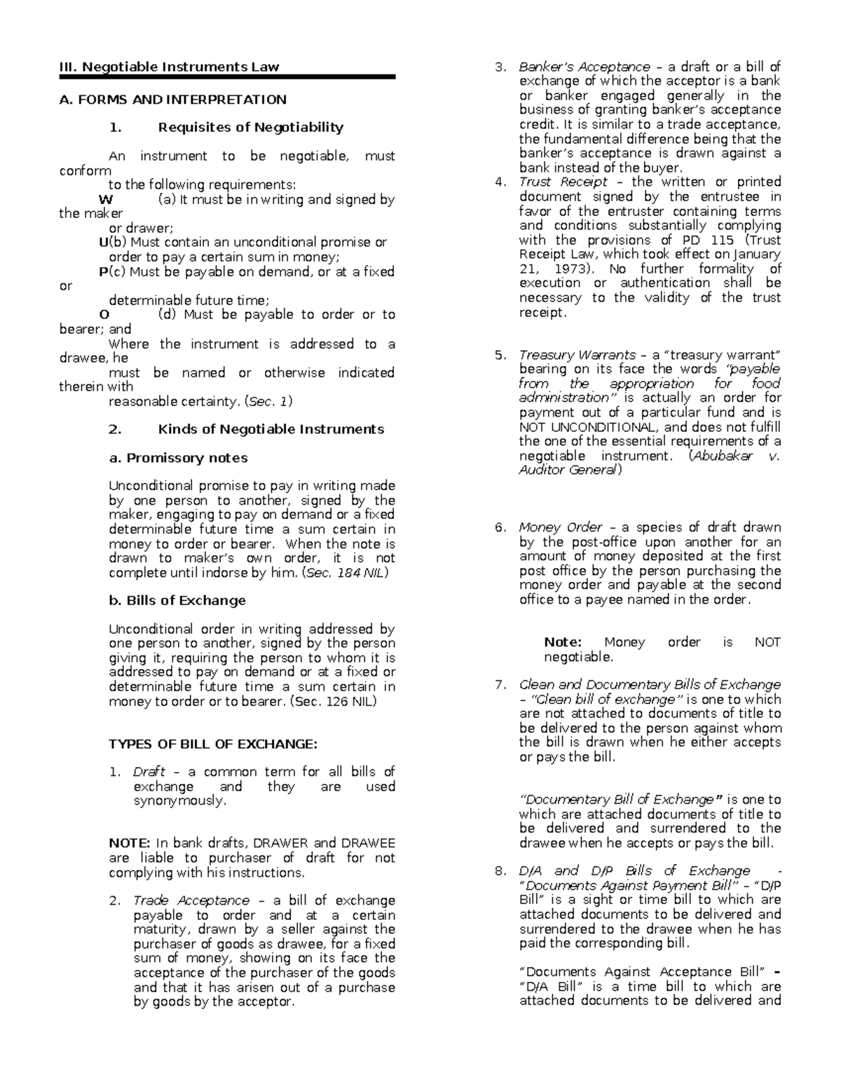 NEGO - Reviewer - III. Negotiable Instruments Law A. FORMS AND ...