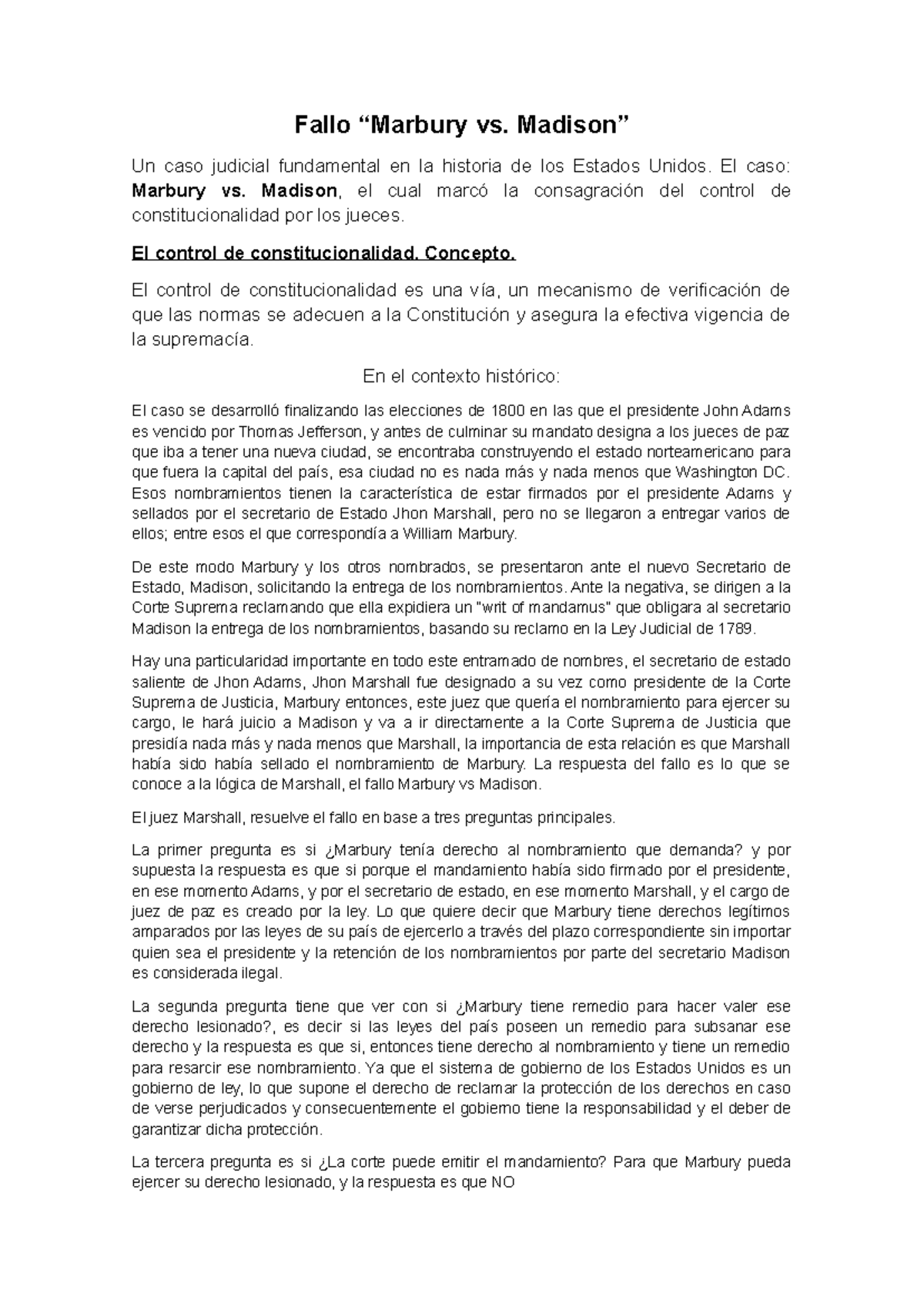 Fallo Marbury vs Madison - Fallo “Marbury vs. Madison” Un caso judicial ...