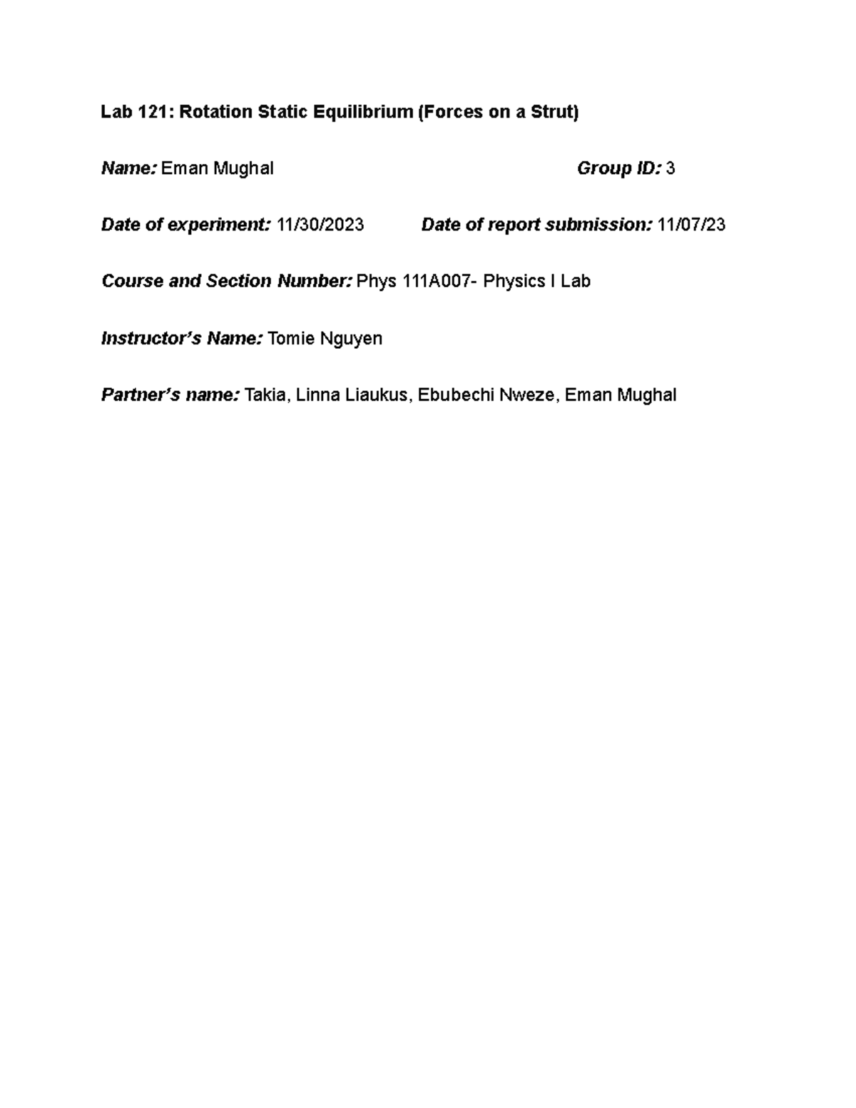 Lab 121 Rotation Static Equilibrium (Forces on a Strut) - It is used to ...