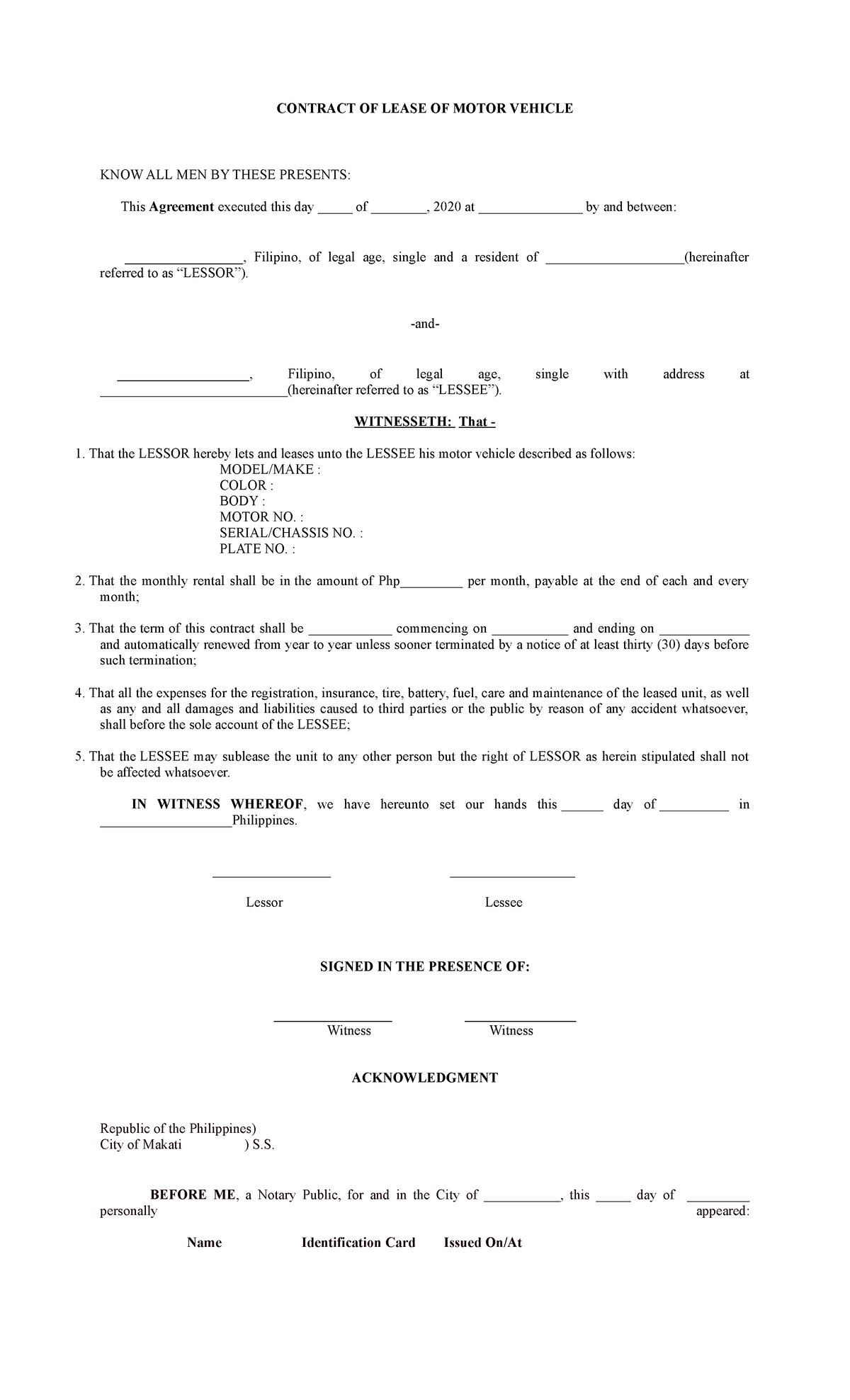 Contract OF Lease OF Motor Vehicle - CONTRACT OF LEASE OF MOTOR VEHICLE ...