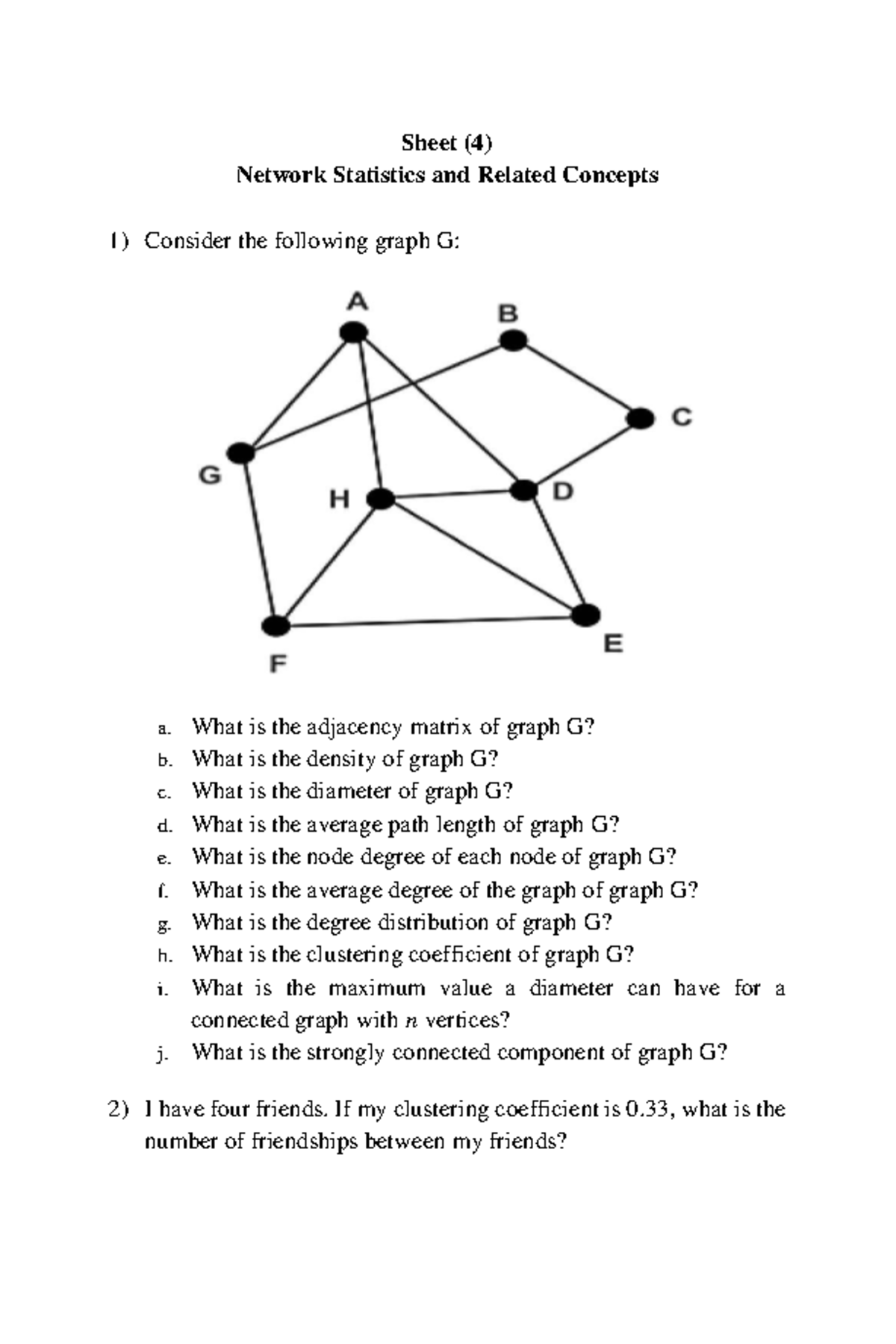 Sheet (4) Network Statistics and Related Concepts - Sheet (4) Network ...