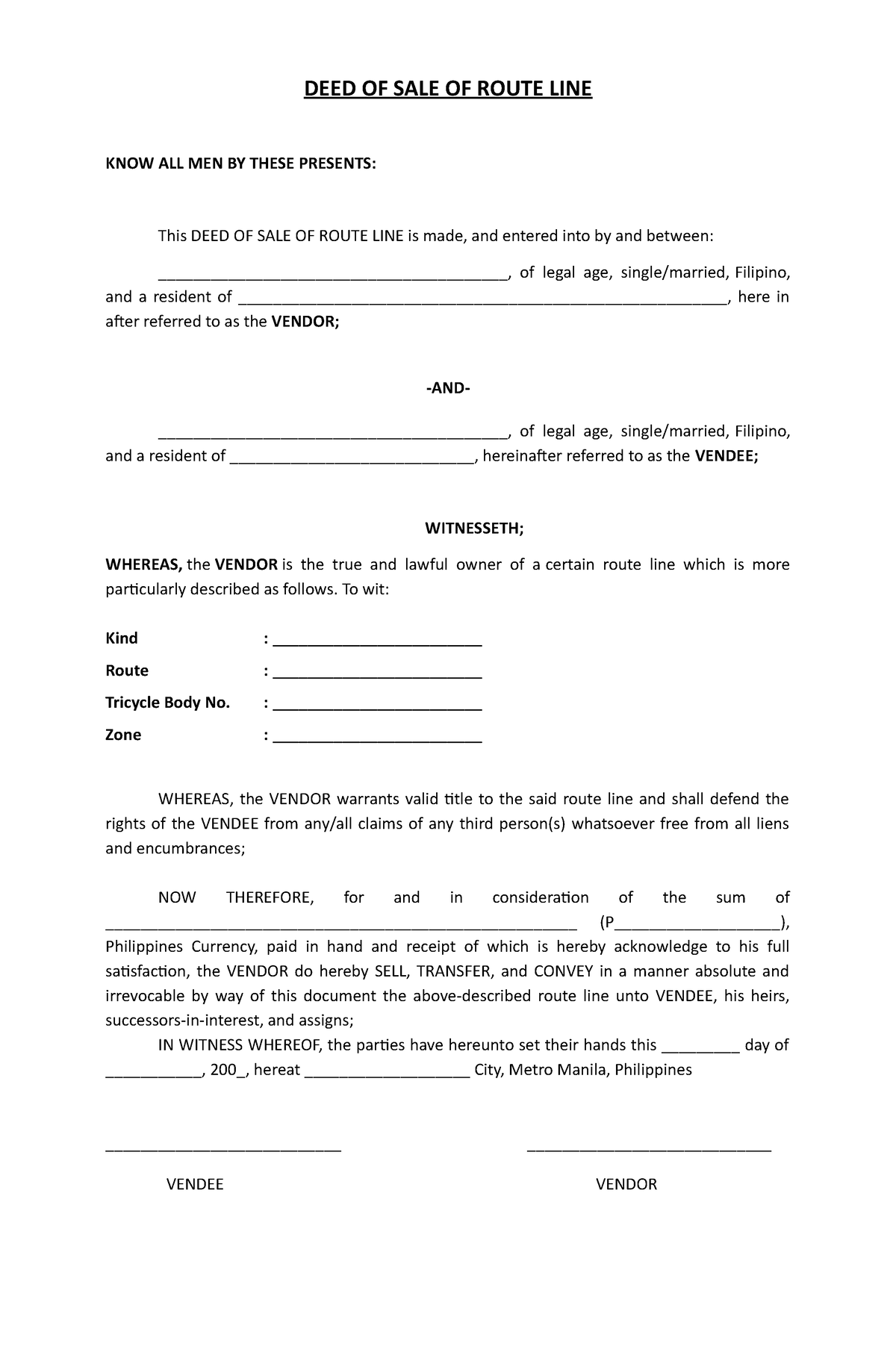 DEED OF SALE OF Route LINE - DEED OF SALE OF ROUTE LINE KNOW ALL MEN BY ...