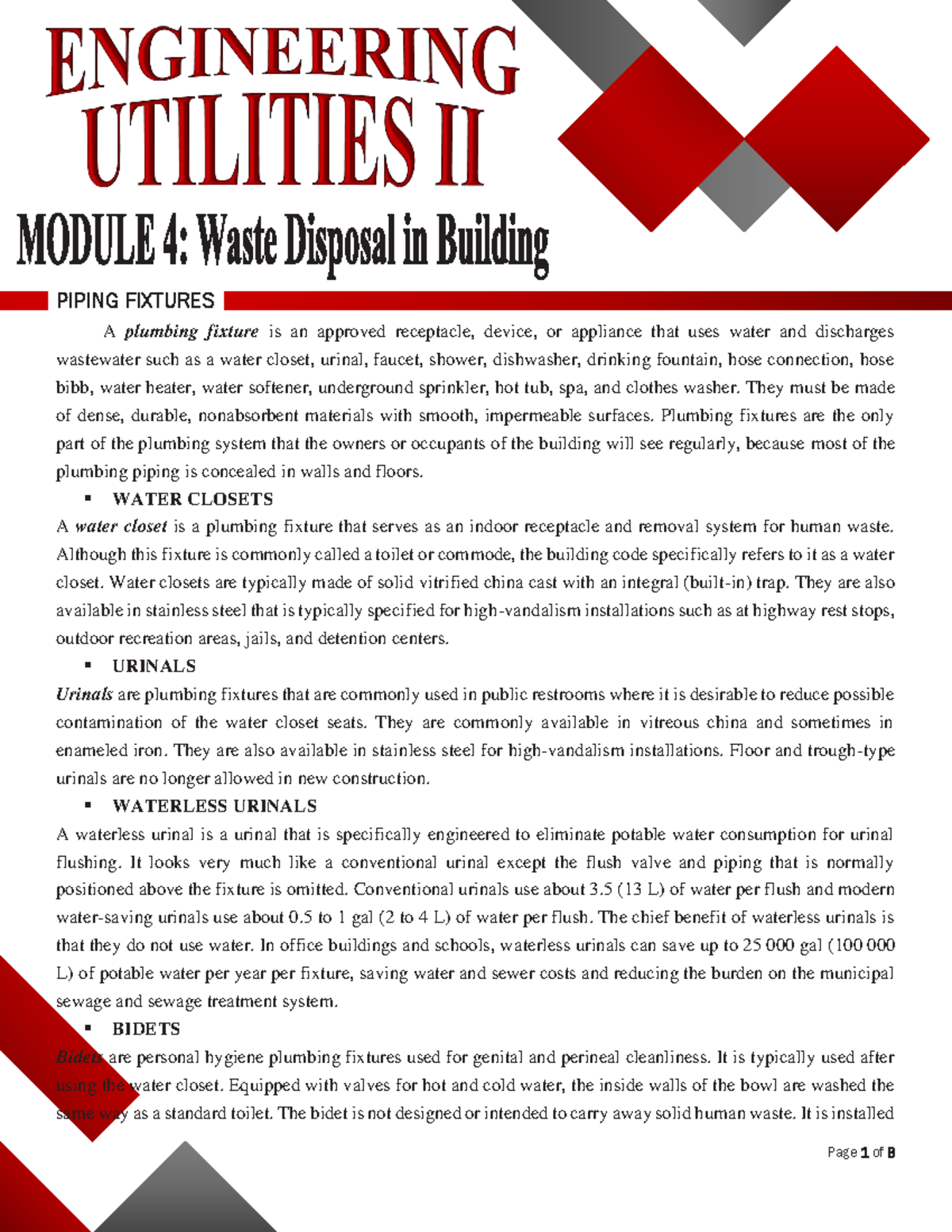 Module-4 - asd - PIPING FIXTURES A plumbing fixture is an approved ...