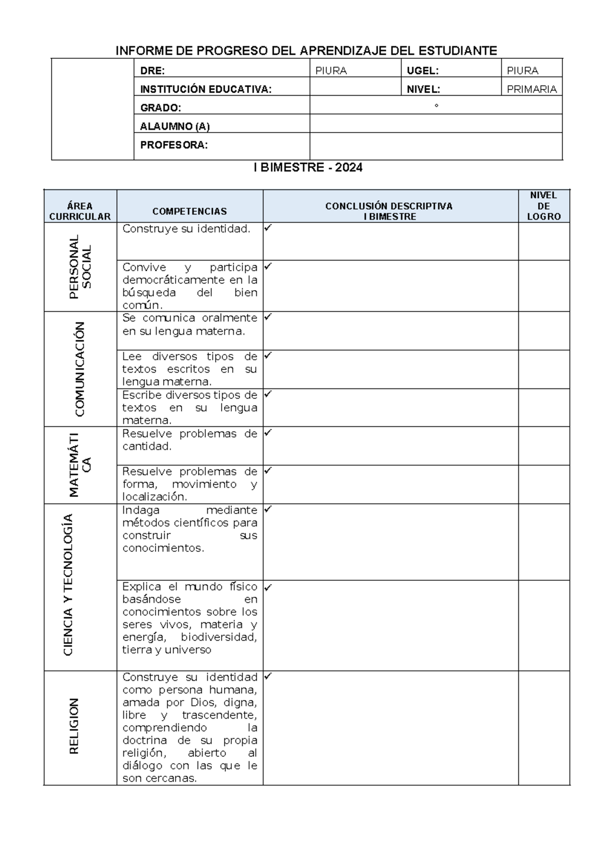Informe DE Progreso 2024 - 4º Grado DE Primaria - copia - INFORME DE ...