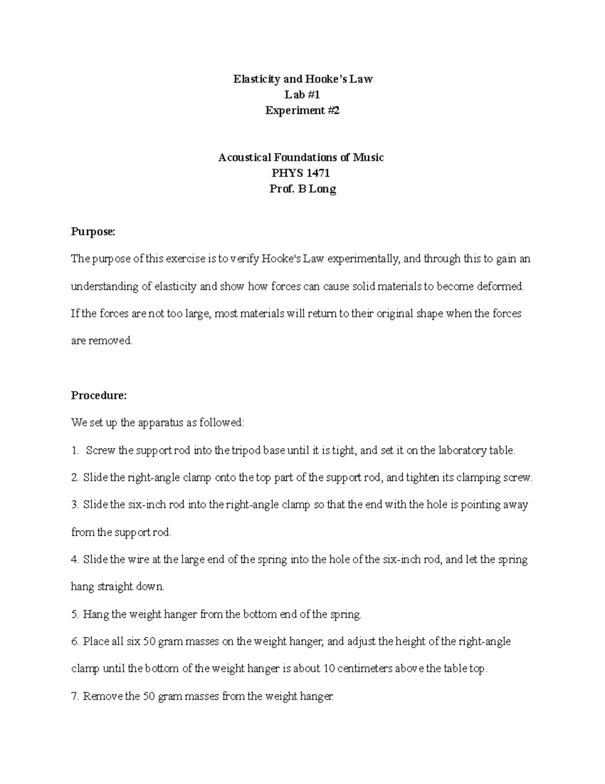 Lab Report 1 Hooke's Law Lab Experiment Elasticity and Hooke’s Law