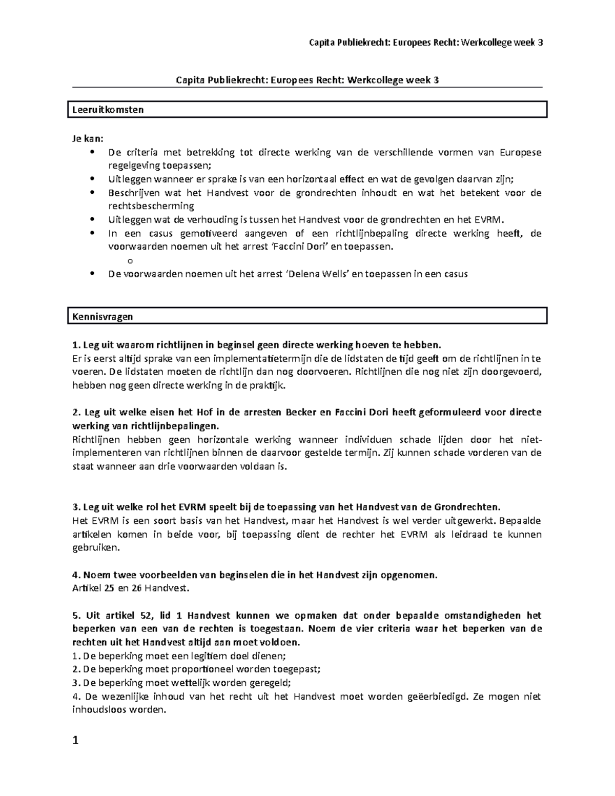 Werkcollege Week 3 - Europees Recht - Capita Publiekrecht: Europees ...