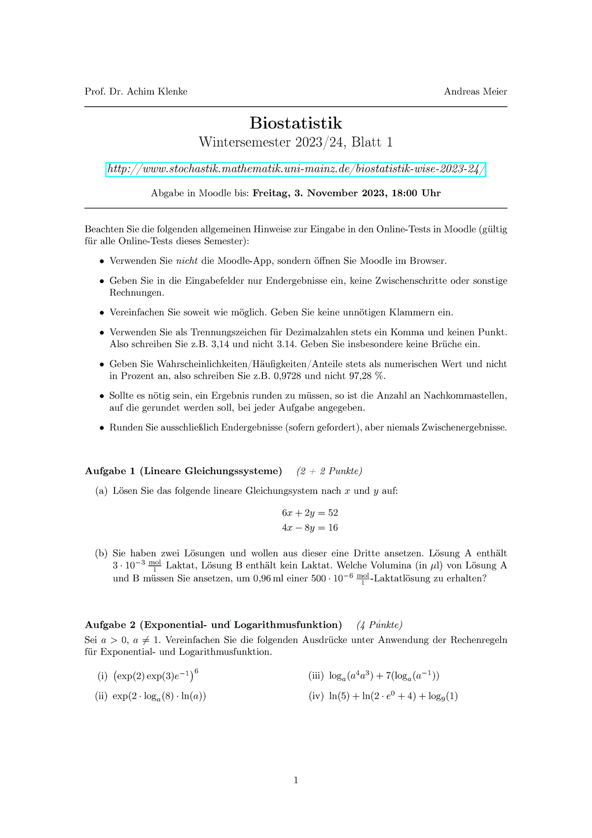 Blatt 01 - Prof. Dr. Achim Klenke Andreas Meier Biostatistik ...