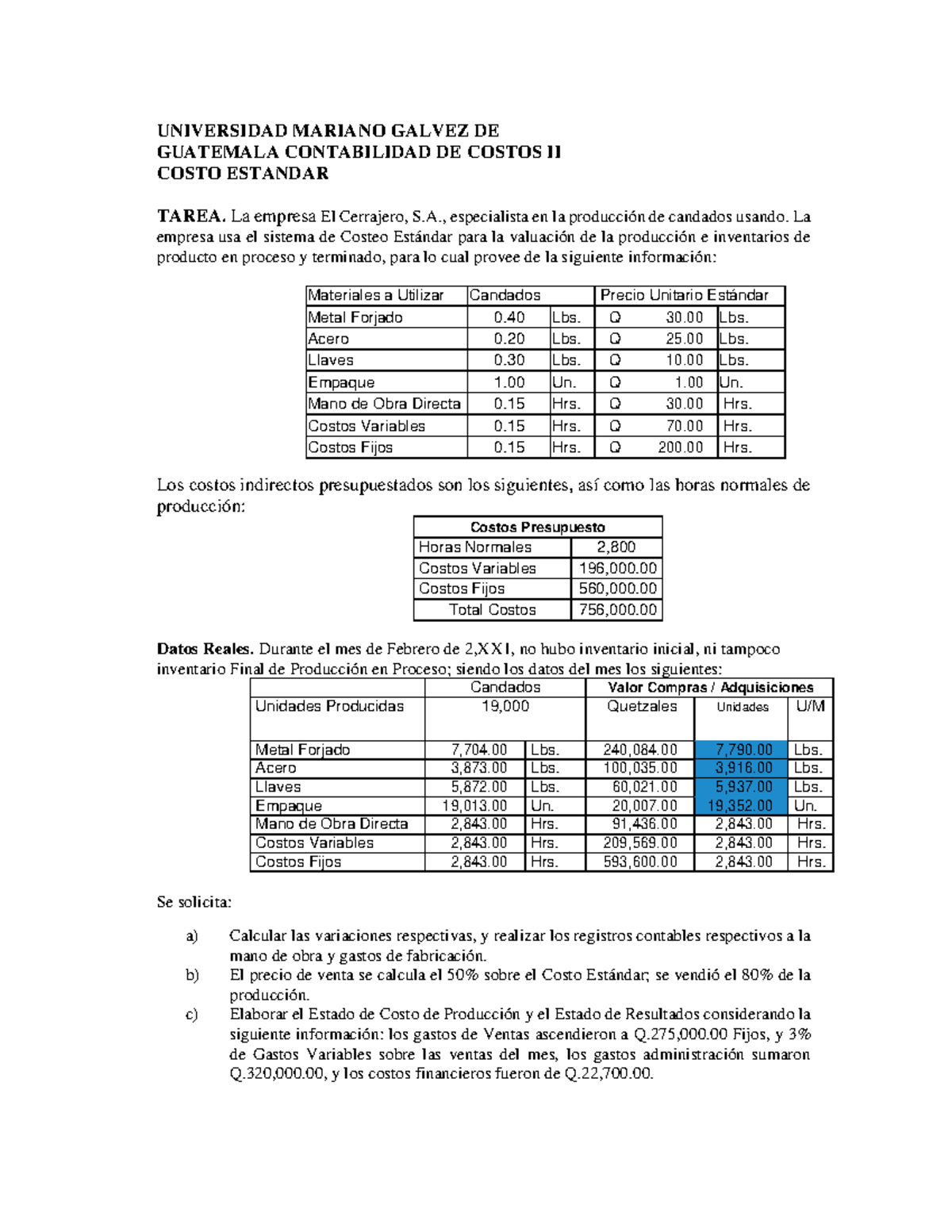 Tarea Cerrajero Costo Estandar Universidad Mariano Galvez De