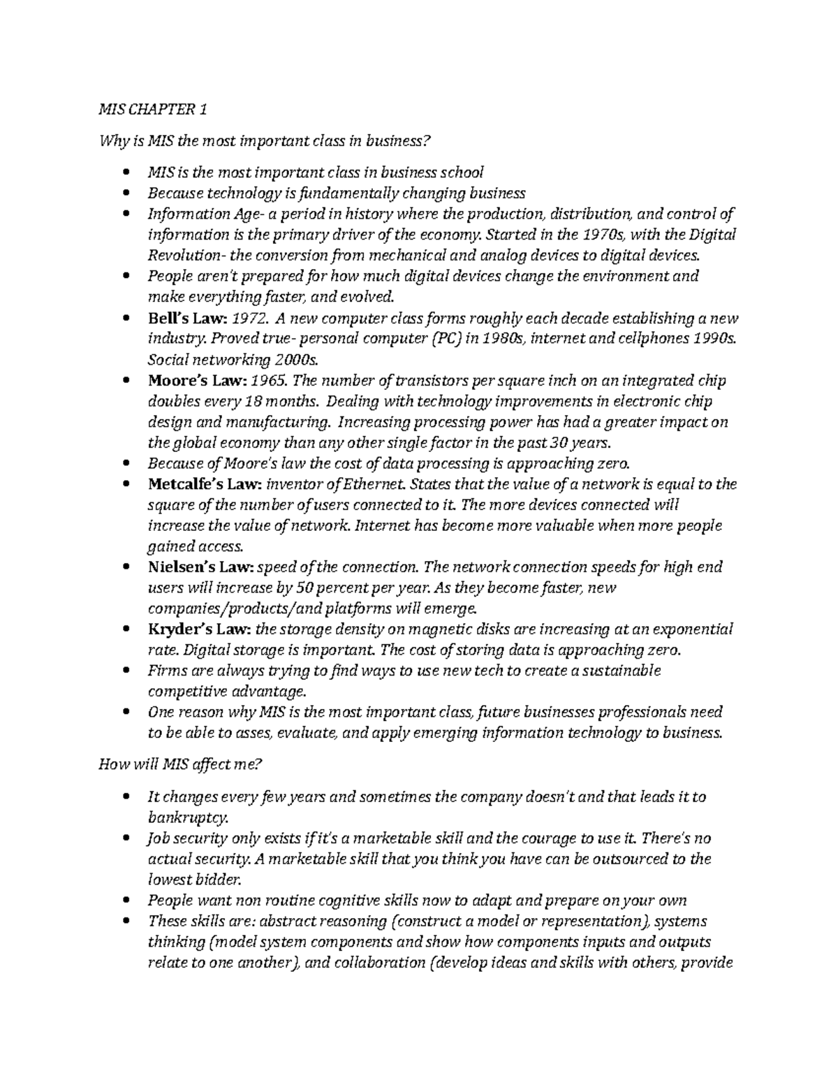 MIS Chapter 1 Lecture Notes - MIS CHAPTER 1 Why is MIS the most ...