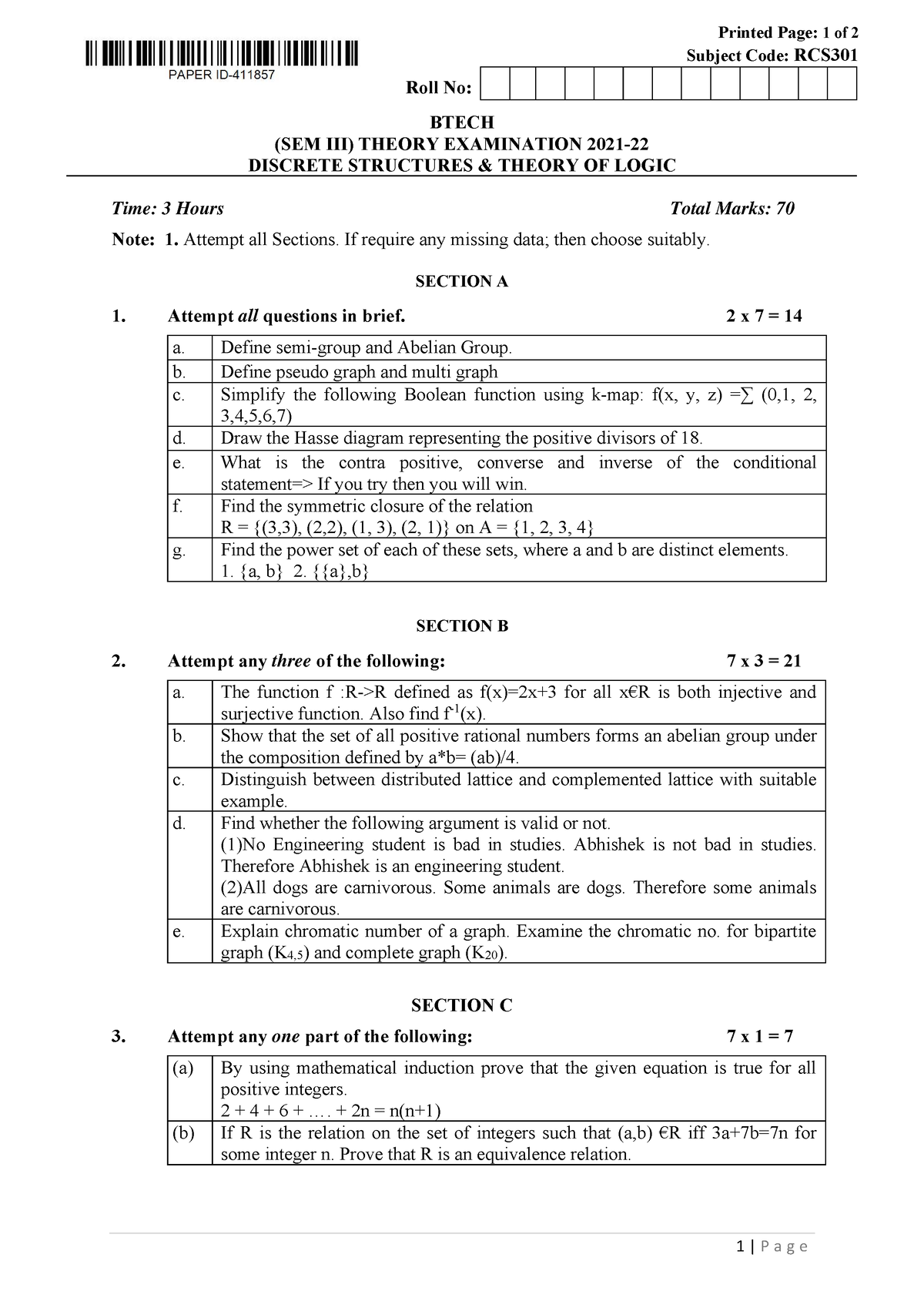 Btech cs 3 sem discrete structures and theory of logic rcs301 2022 ...