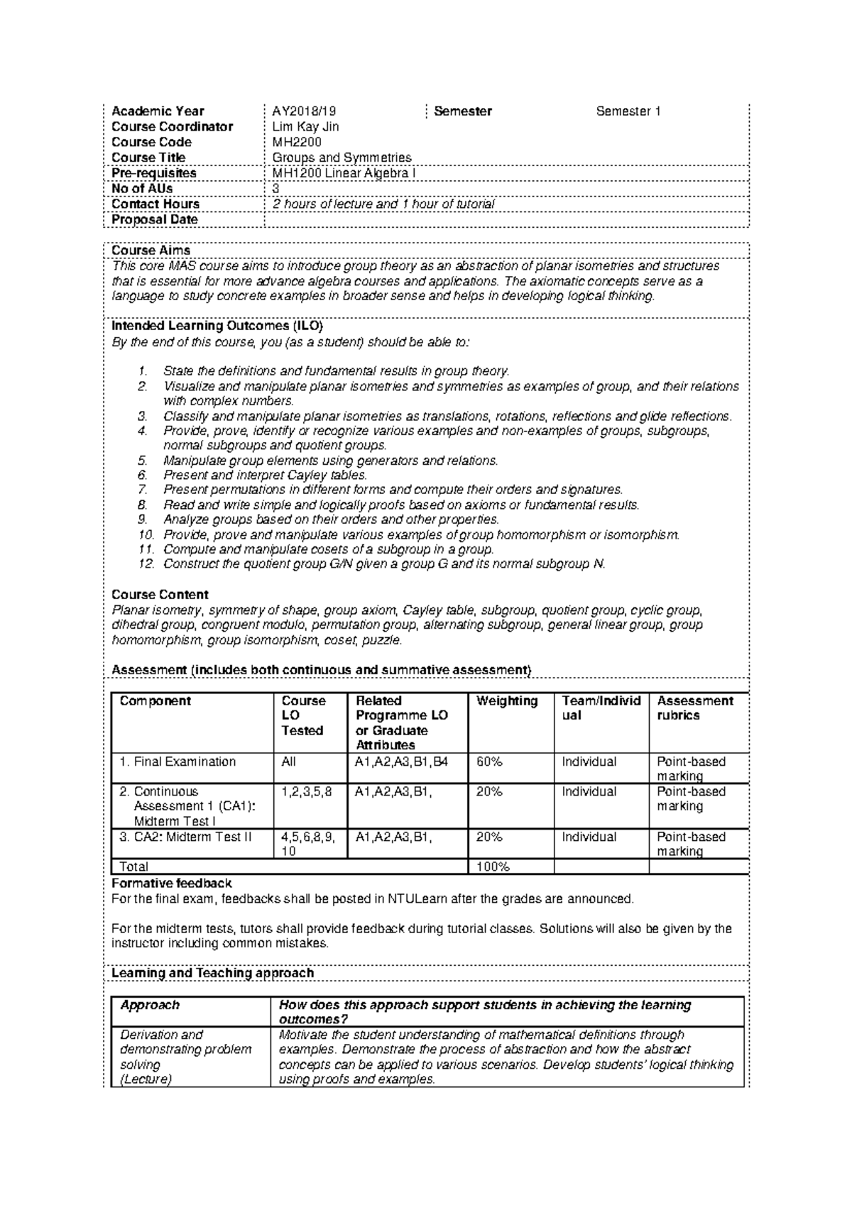 Mh2200 obtl - Course outline - Academic Year AY2018/19 Semester ...