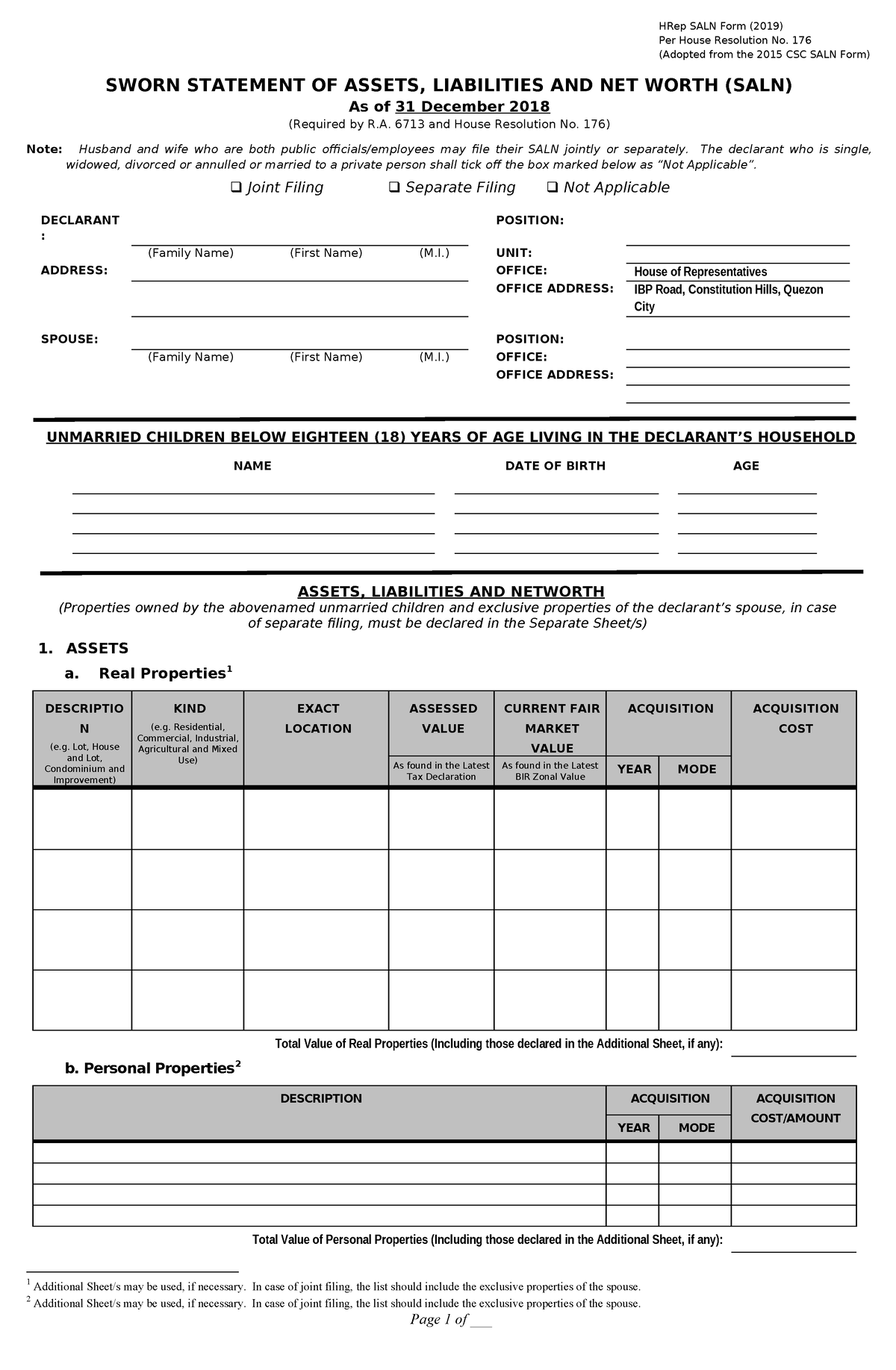 Hrep - n/a - HRep SALN Form (2019) Per House Resolution No. 176 ...