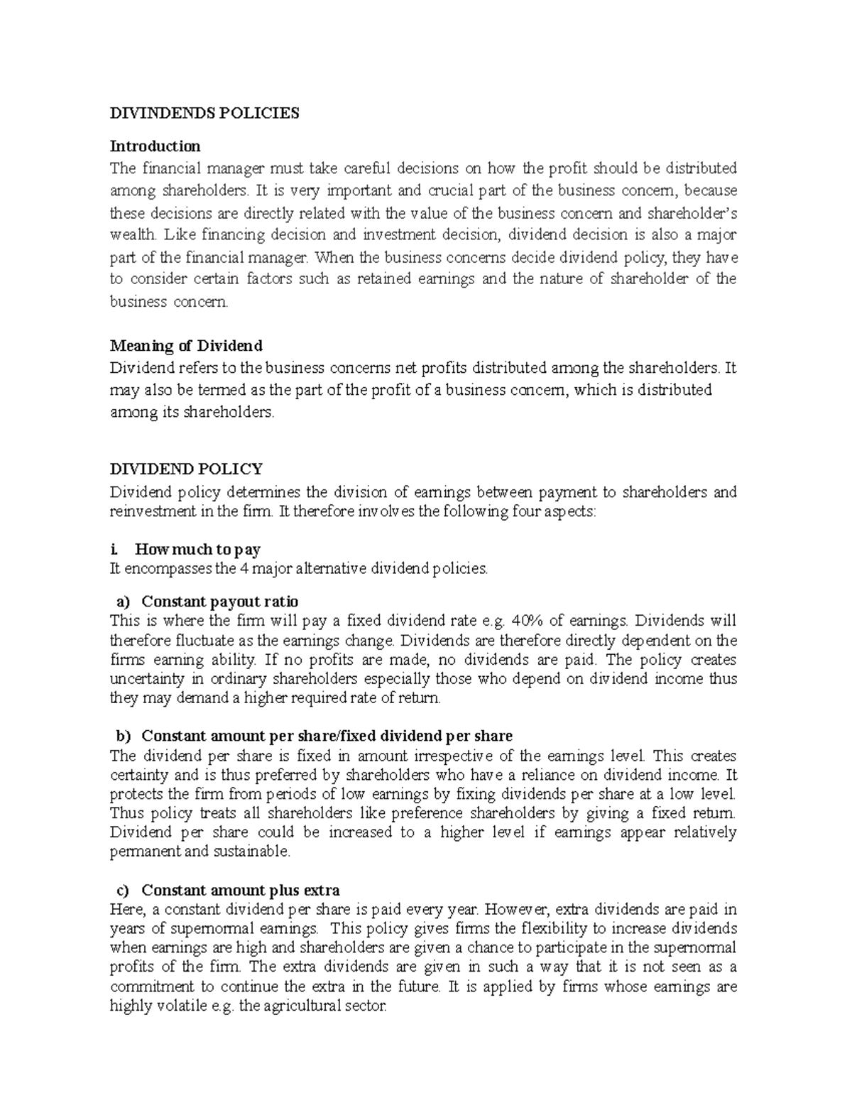 Dividend Policy - introduction to financial management - DIVINDENDS ...