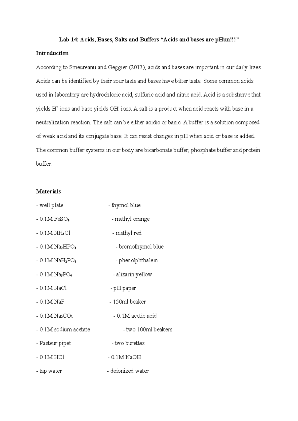 Docx Lab 14 Acids Bases Salts And Buffers Acids And Bases Are Studocu