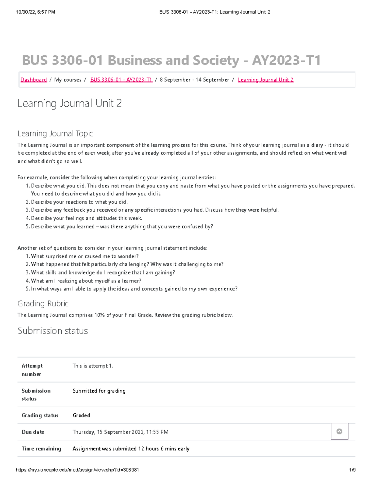 BUS 3306-01 - AY2023-T1 Learning Journal Unit 2 - BUS 3306-01 Business ...