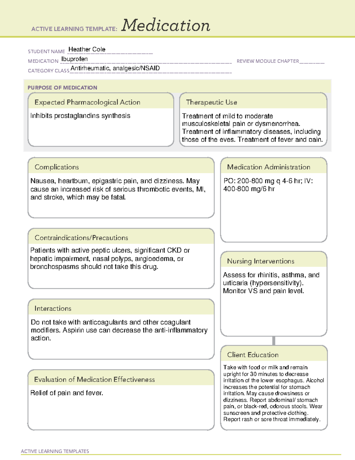 Ibuprofen drug cards ACTIVE LEARNING TEMPLATES Medication STUDENT