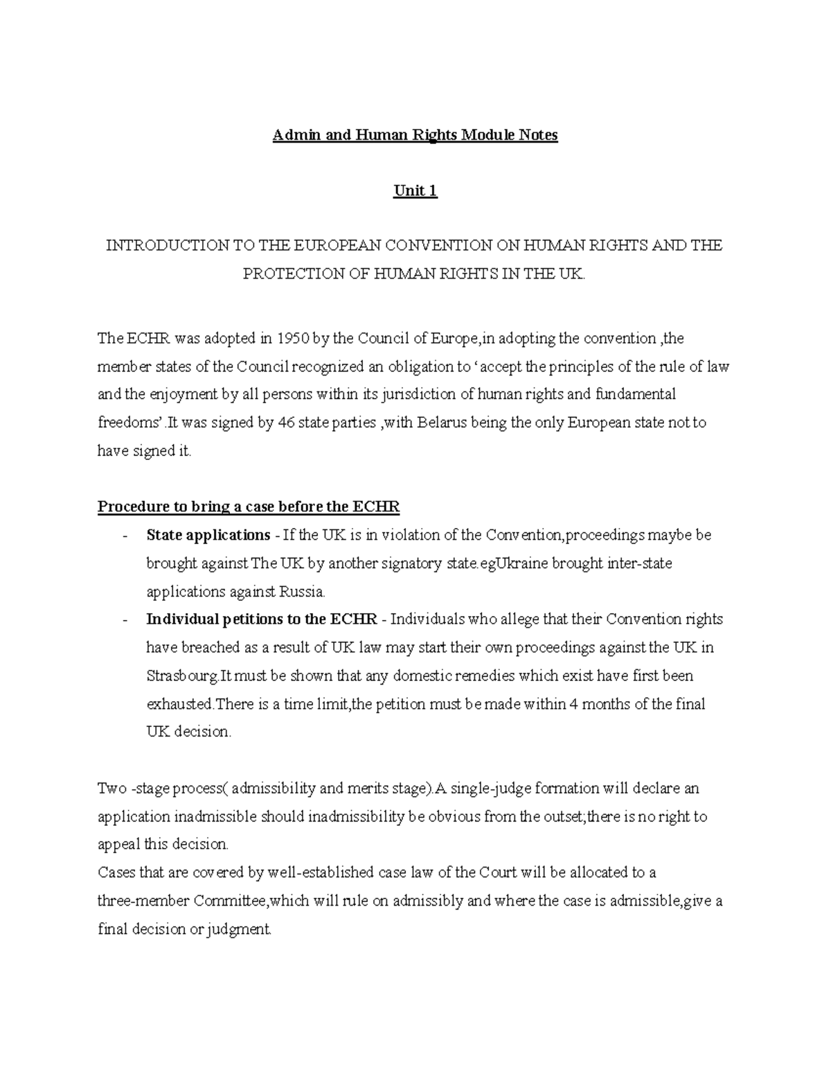 Admin and Human Rights Module Notes - The ECHR was adopted in 1950 by ...