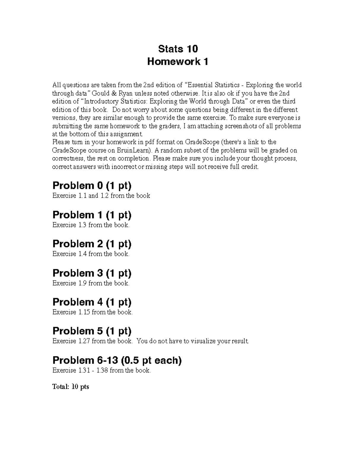 Stats 10 Homework 1 - n. ..12 - Stats 10 Homework 1 All questions are ...
