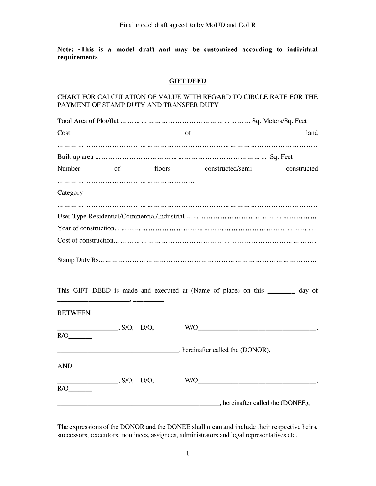 Model Property Registration Document - Gift Deed - Final model draft ...