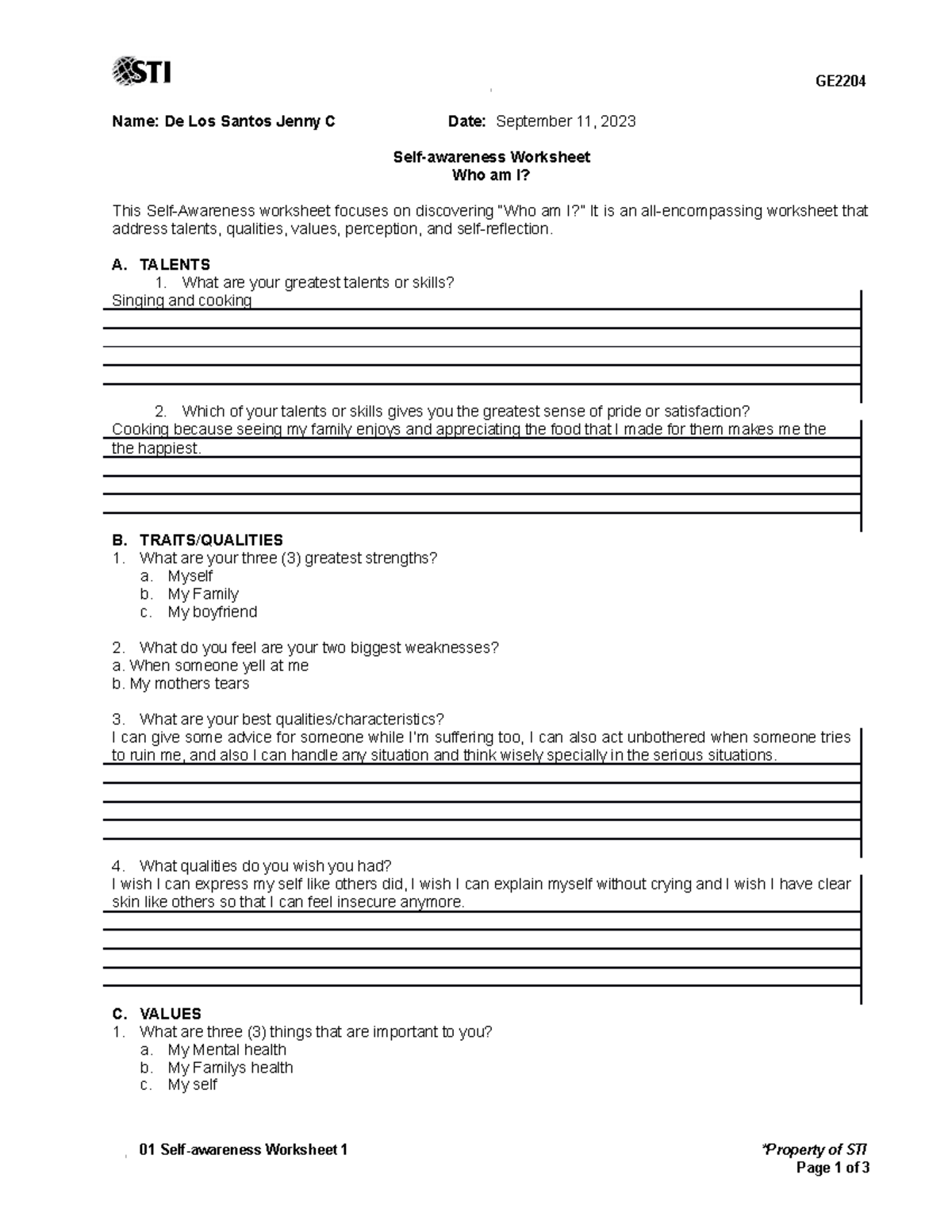 01 Self-awareness Worksheet 1 - GE Name: De Los Santos Jenny C Date ...