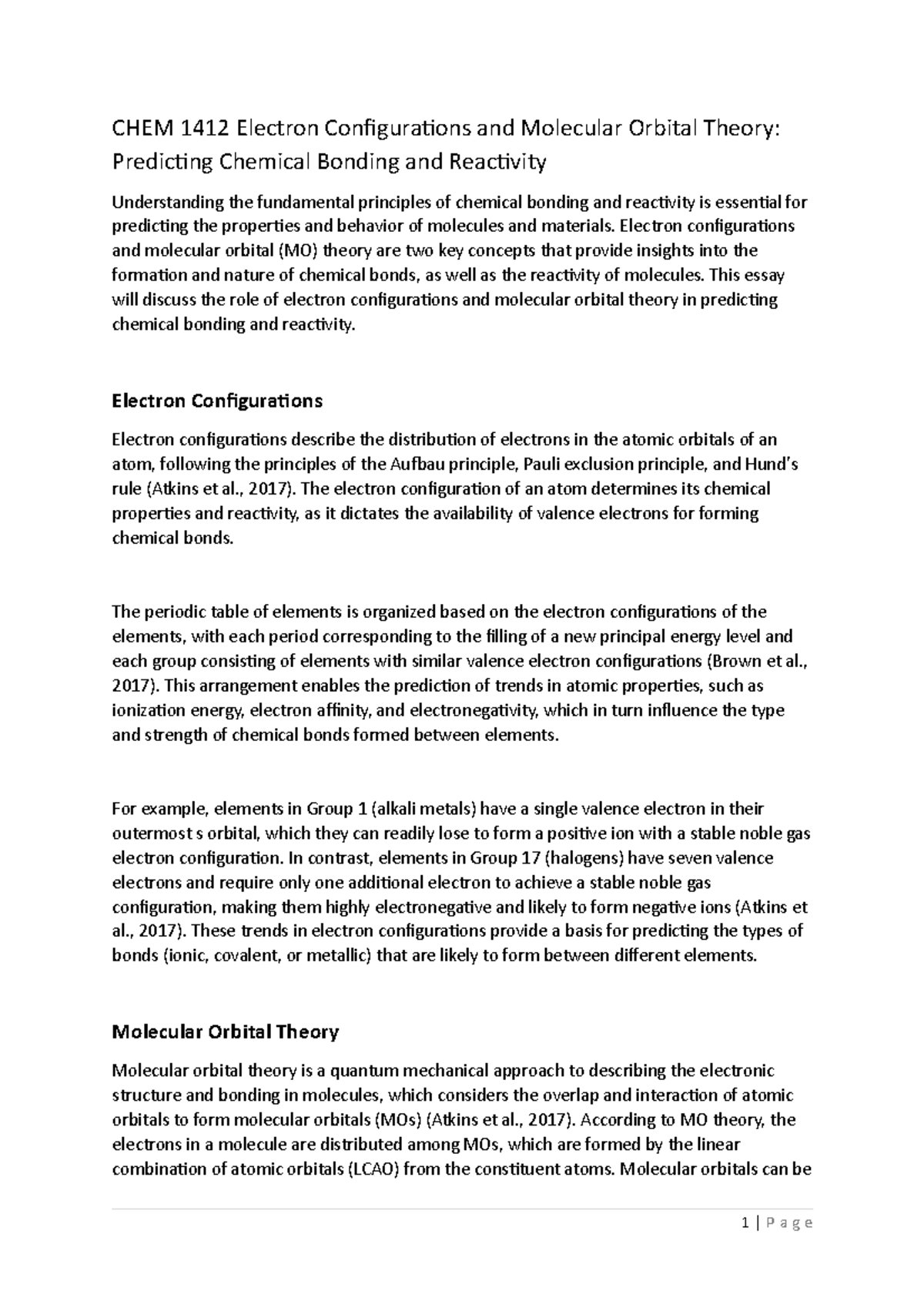 CHEM 1412 Electron Configurations and Molecular Orbital Theory ...