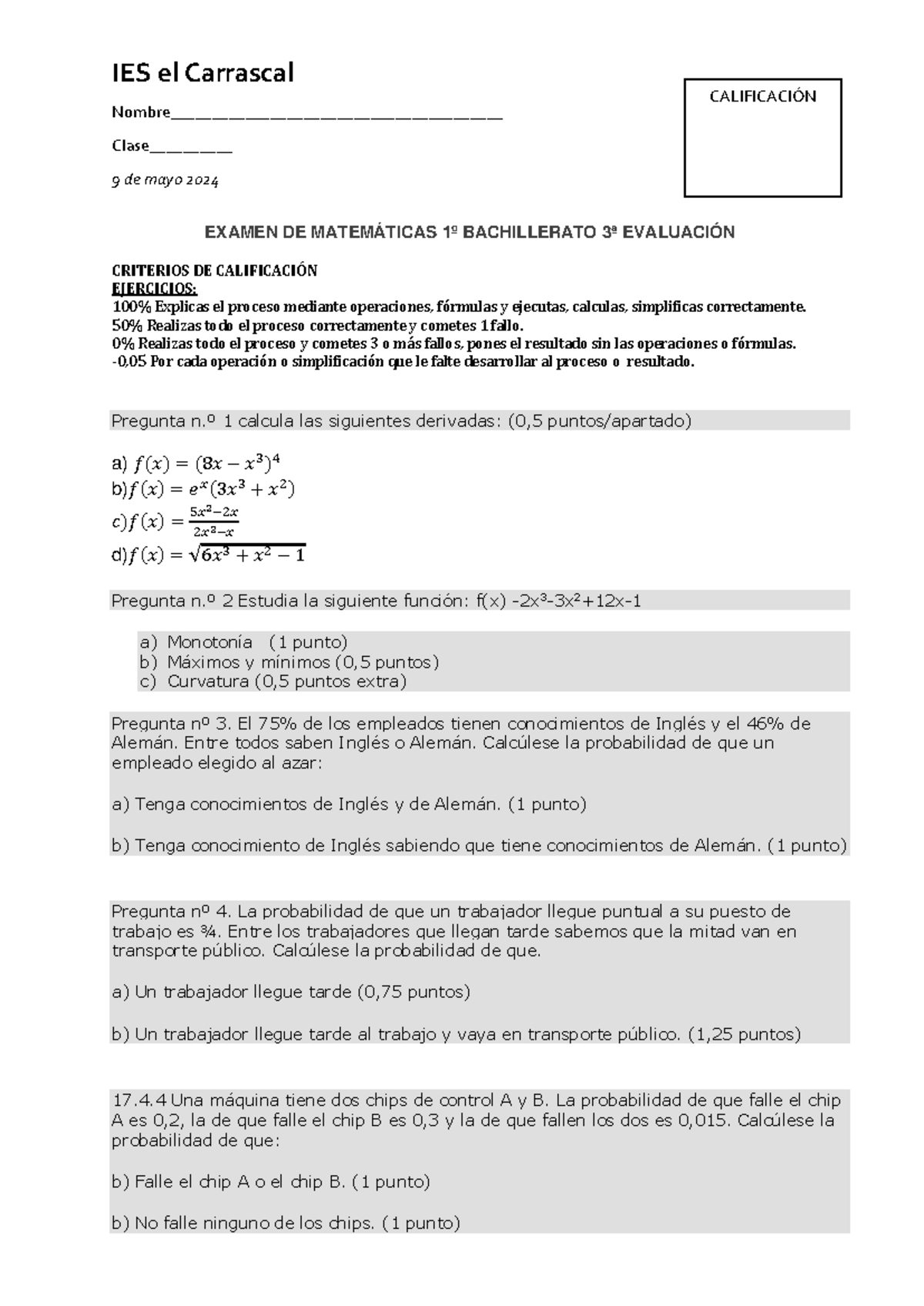 Examen 1BACH 3EVA op 1 24 alumnos - IES el Carrascal Nombre