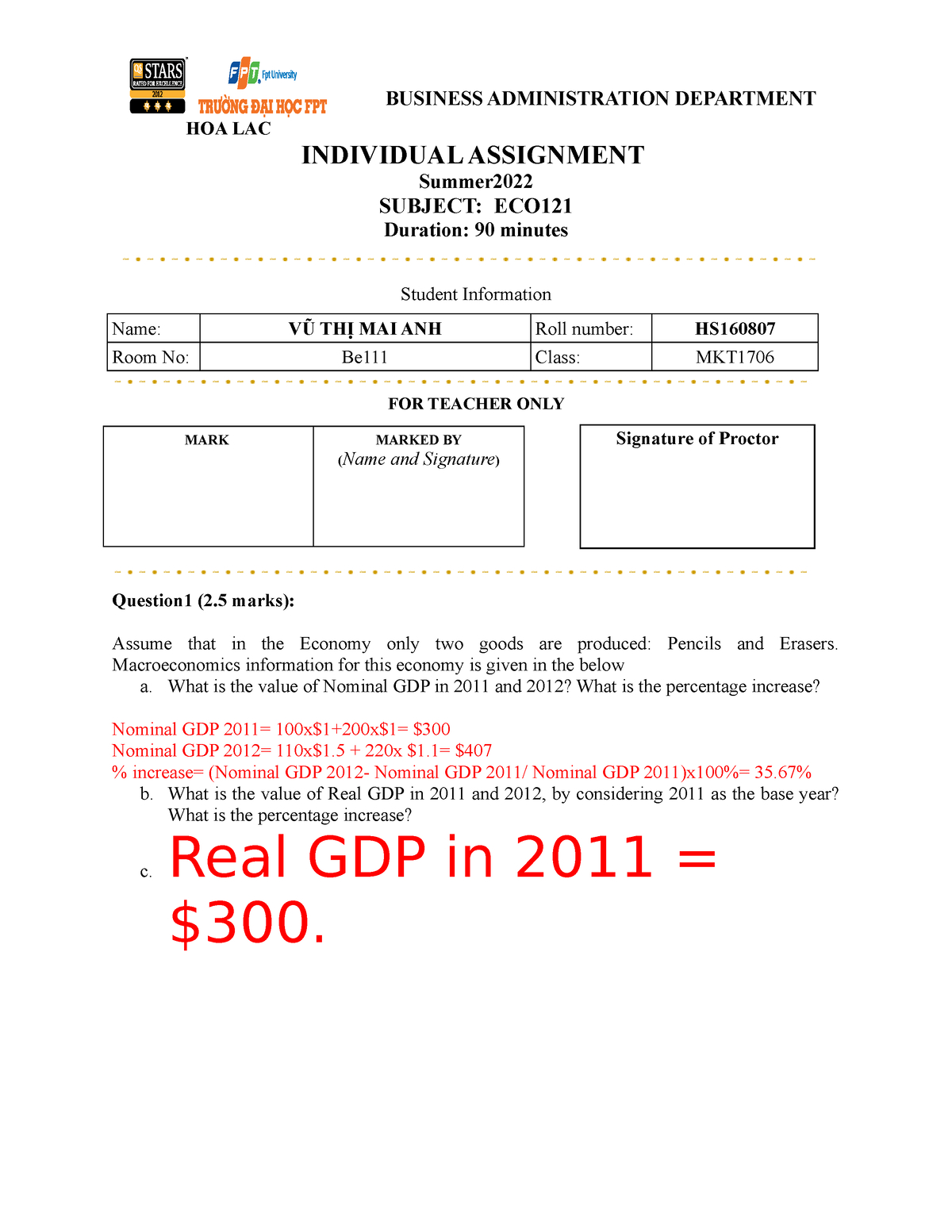 ECO121 Test 02 Individual Assignment Vũ Thị Mai Anh HS160807 MKT1706 ...