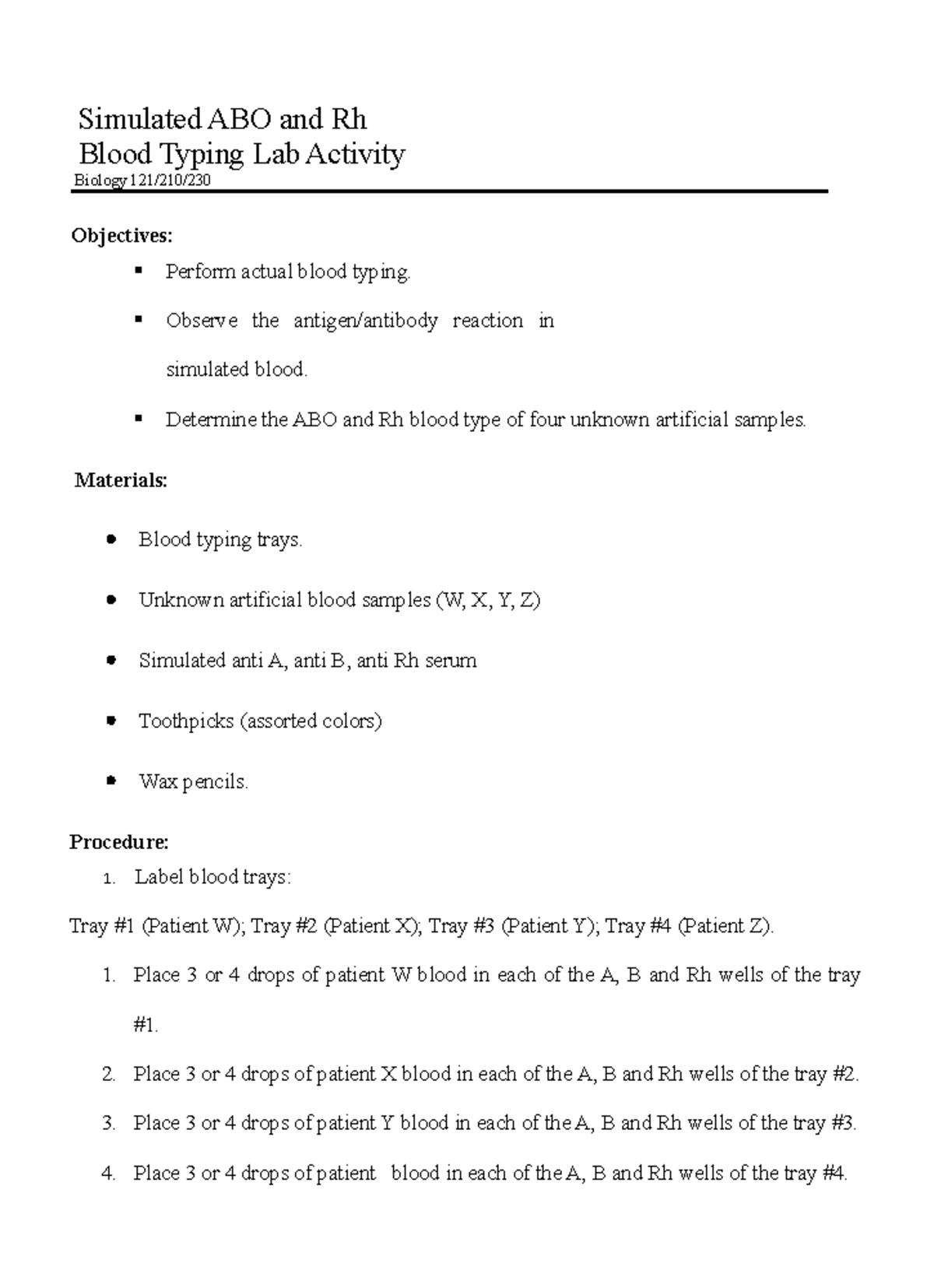 Blood Typing Report LAB ASSIGNMENT Simulated ABO And Rh Blood