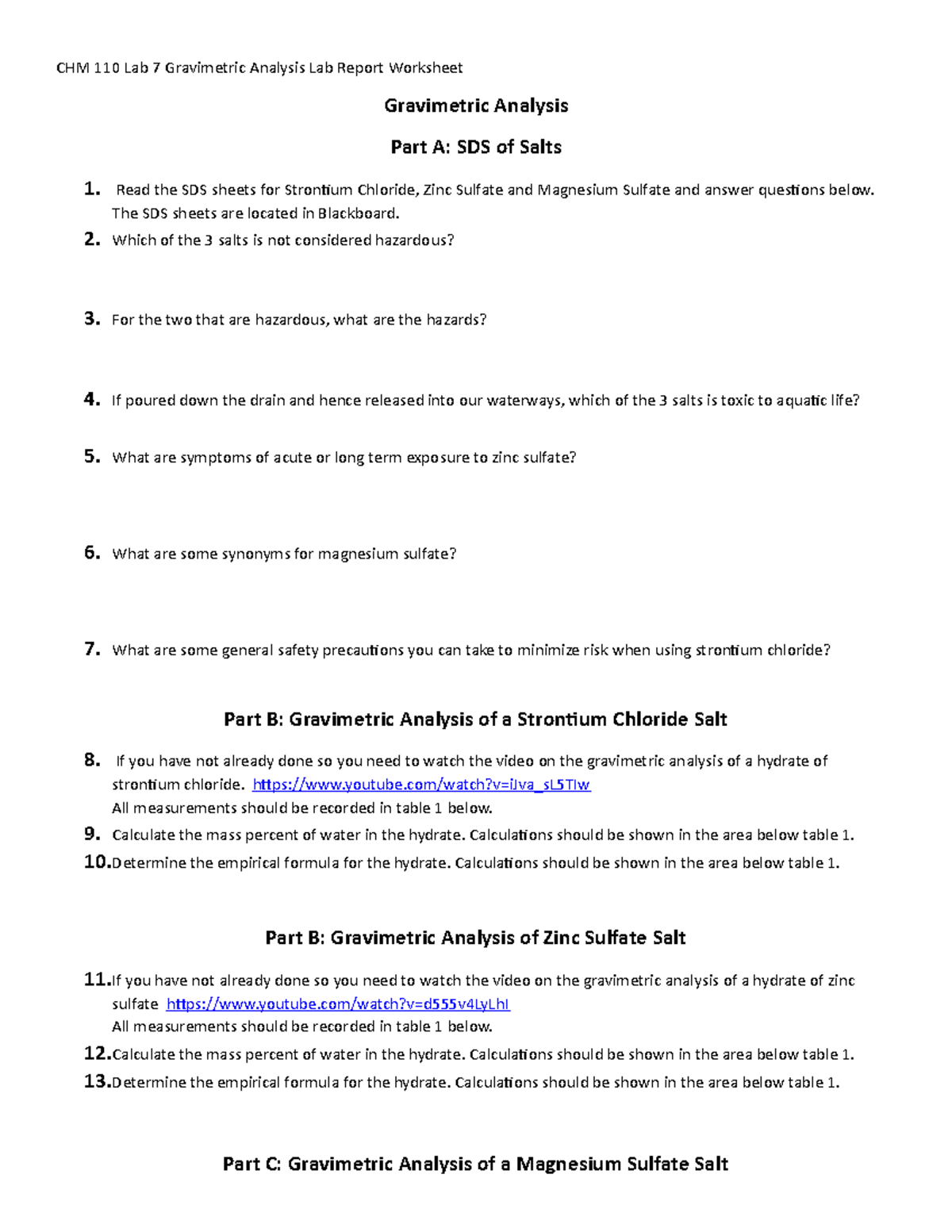 CHM 110 Experiment 7 - Lab filled in - CHM 110 Lab 7 Gravimetric ...