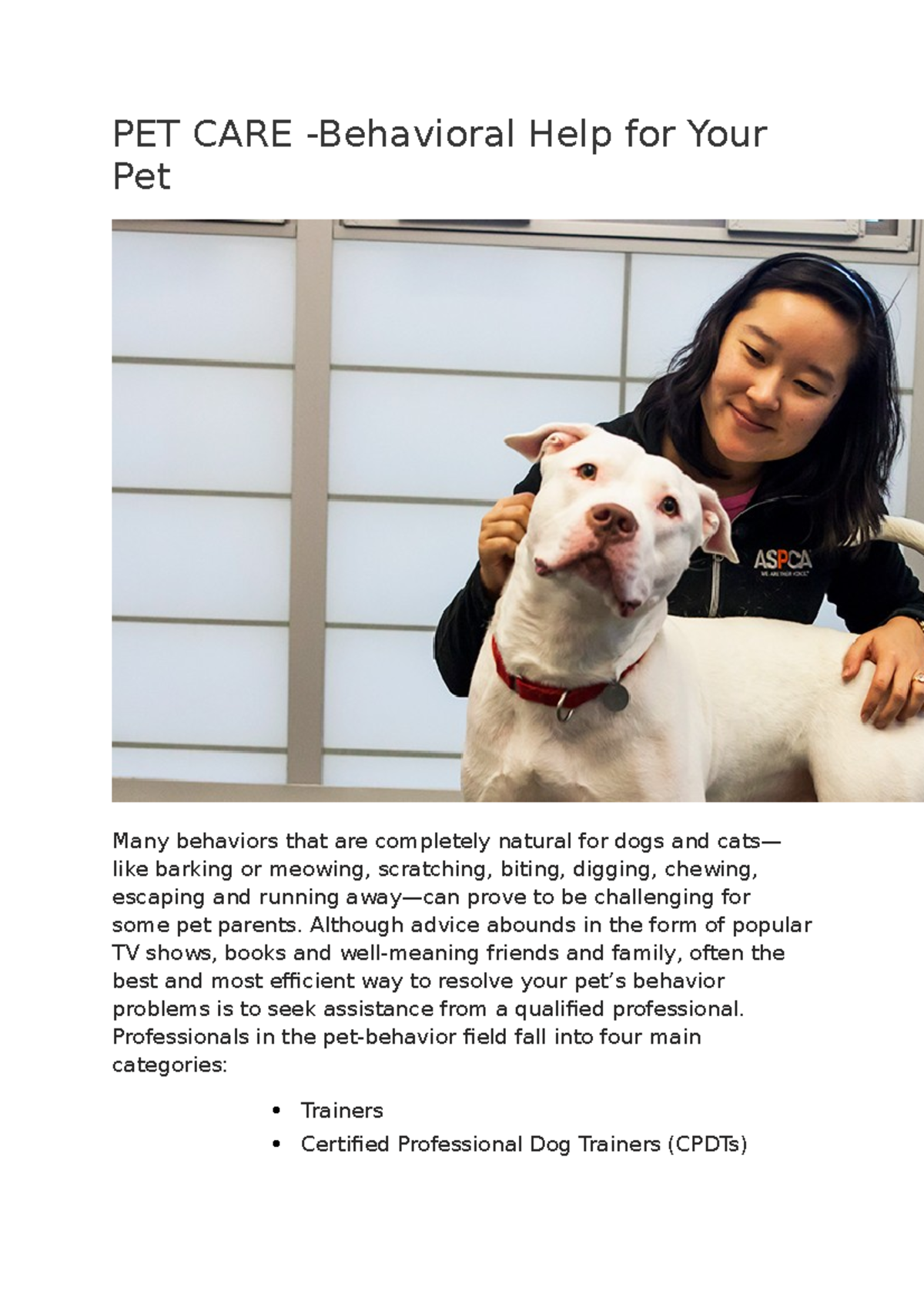 PET CARE Pet care details PET CARE Behavioral Help for Your Pet