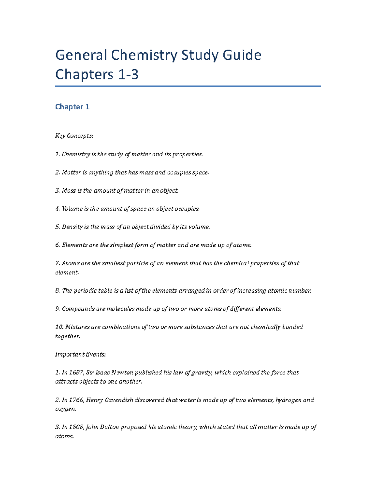 General Chemistry Study Guide Chapters 1-3 - General Chemistry Study ...