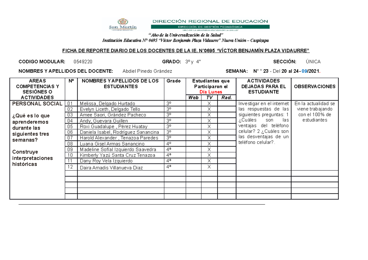 Ficha DE Reporte 3º Y 4º Grado DIA Semana 23 new - copia - copia
