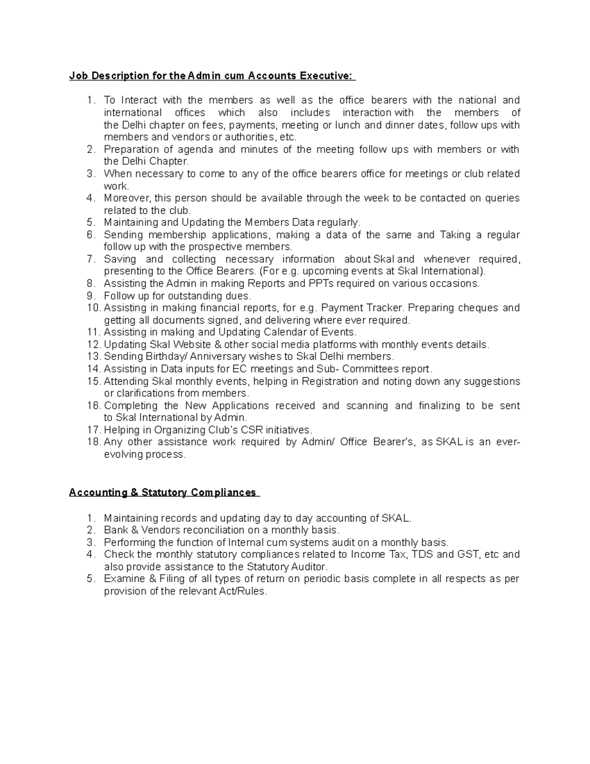 Job Description for a Club Job Description for the Admin cum Accounts