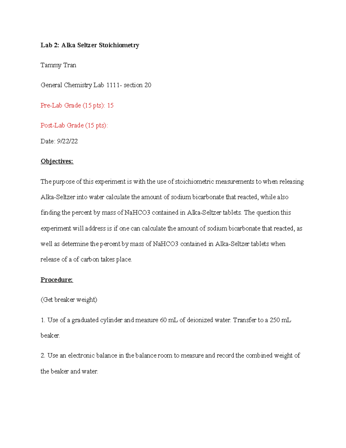 Alka Seltzer Stoichiometry Lab report - Lab 2: Alka Seltzer ...