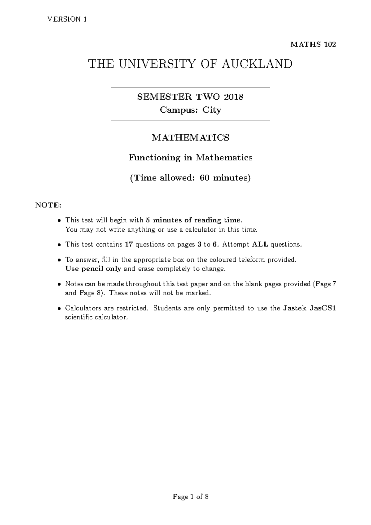 2018 Semester 2 Test - Practice paper - MATHS 102 THE UNIVERSITY OF ...