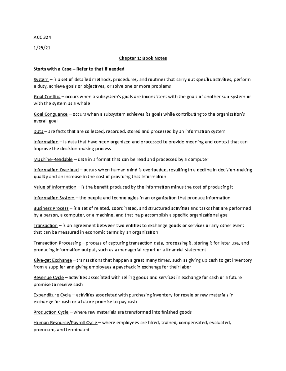 Chapter 1 - Book Notes - ACC 324 1/29/ Chapter 1: Book Notes Starts ...